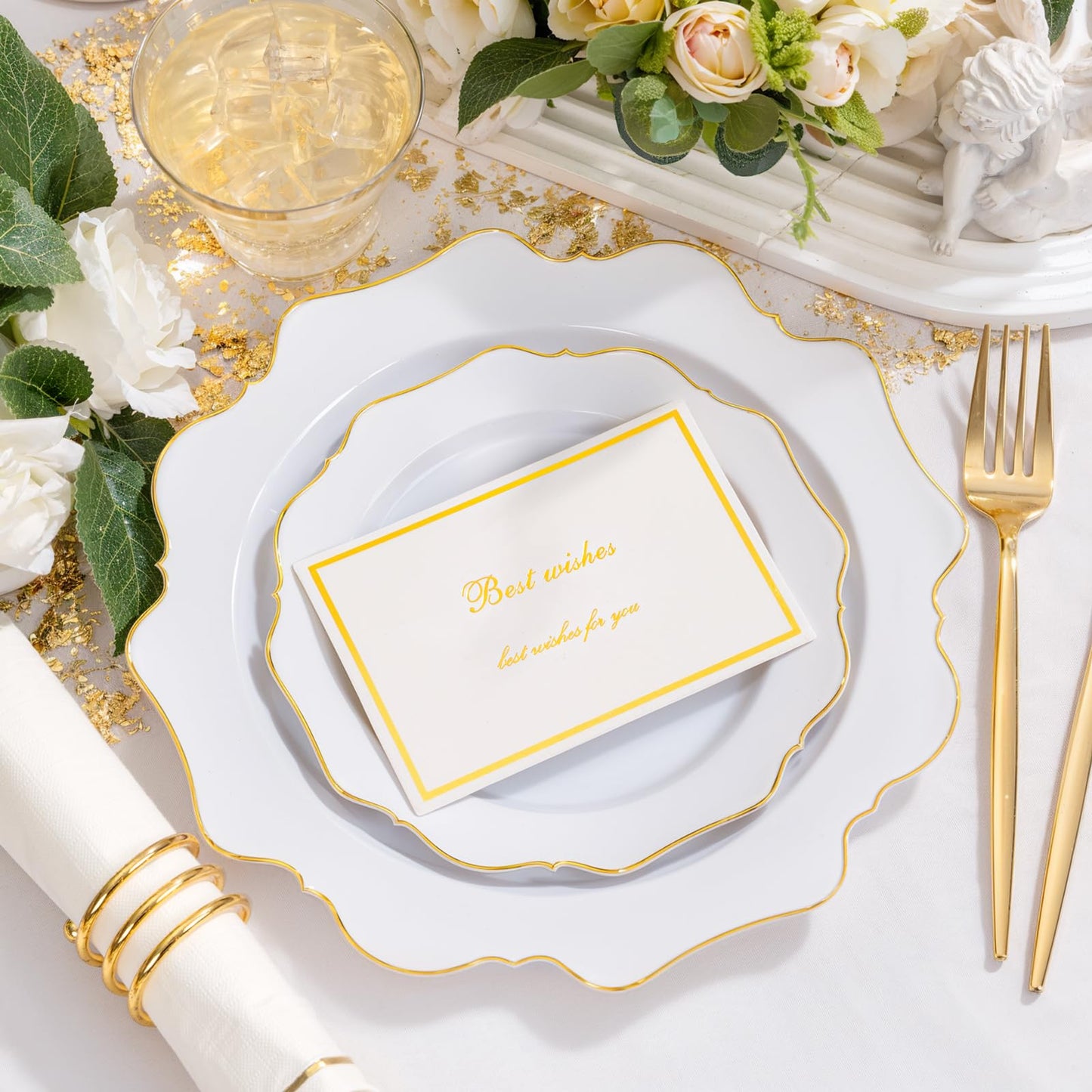 WDF 175Pcs Gold Plates Disposable - White and Gold Plastic Plates 25guest Plastic Dinnerware Ideal for Party/Wedding/First Communion/Spring/Mother's Day