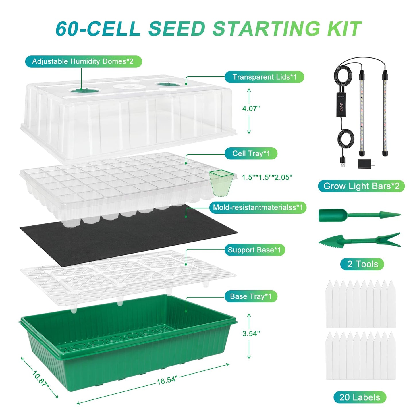 GOOINMILL Self-Watering Seed Starter Tray with Timed Grow Light, 60 Cells Plant Starter Tray Seedling Starter Kit with Humidity Domes Base Indoor Mini Greenhouse Plant Germination Trays