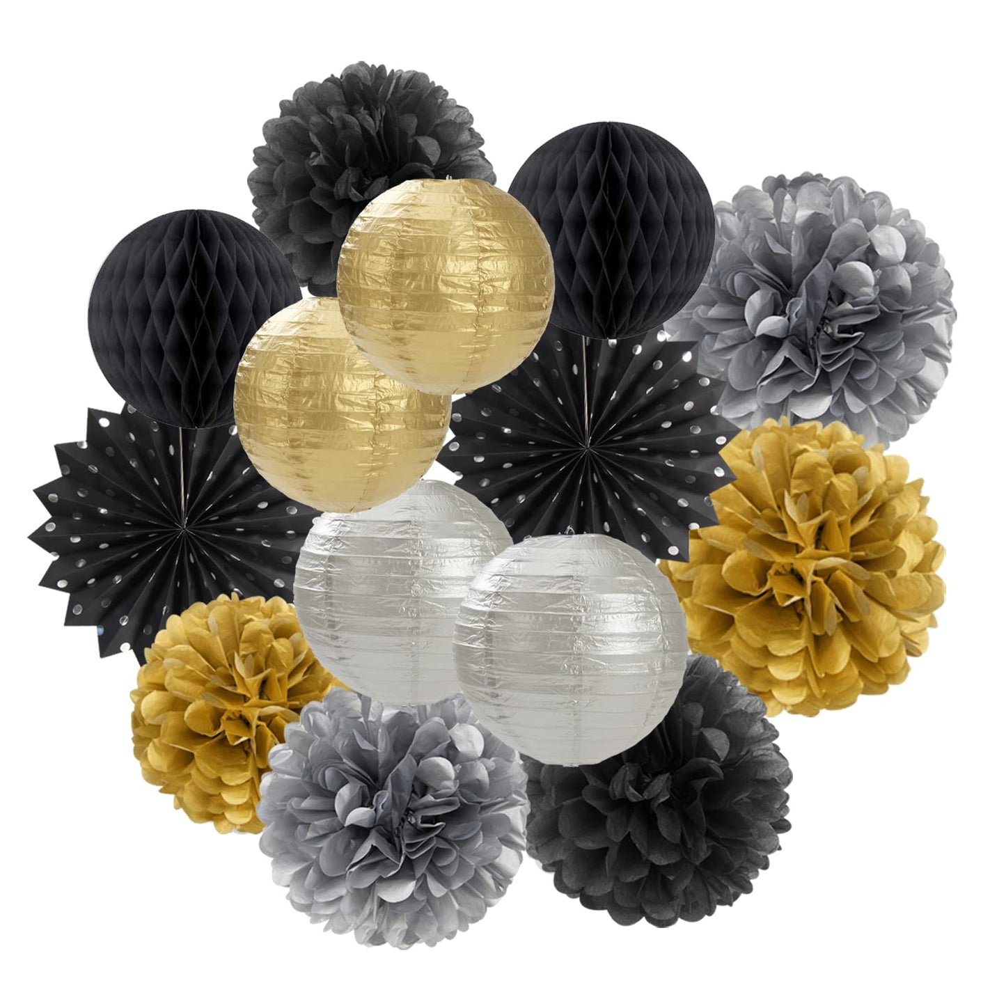 Black Gold Silver Party-Decorations Streamers-Lanterns - 14pcs Graduation 2026 Paper Fan,Tissue Flower Pom Poms Streamers,Honeycomb Balls,Men Birthday Wedding Baby Bridal Shower Decor Ouruola