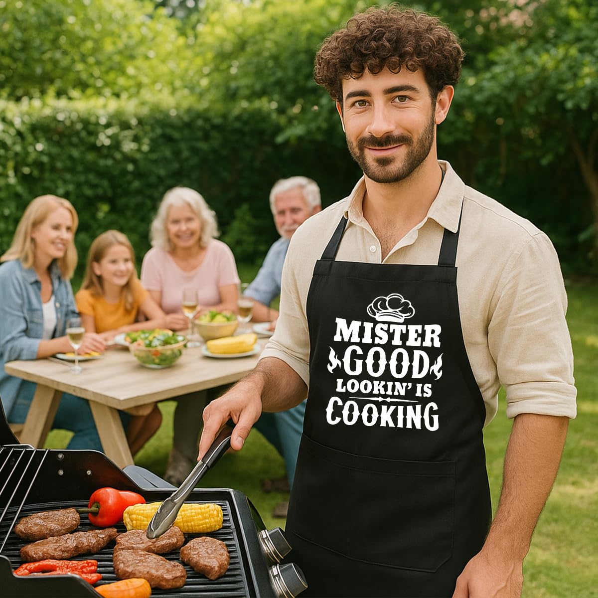 Mr Goodlookin' is Cookin,Funny BBQ Grilling Cooking Chef Aprons for Men,Dad,Boyfriend,Farther,Grandpa,Friend,Chef Apron with 2 Pockets,Kitchen Gifts for Men,Chef Gifts for Birthday Christmas