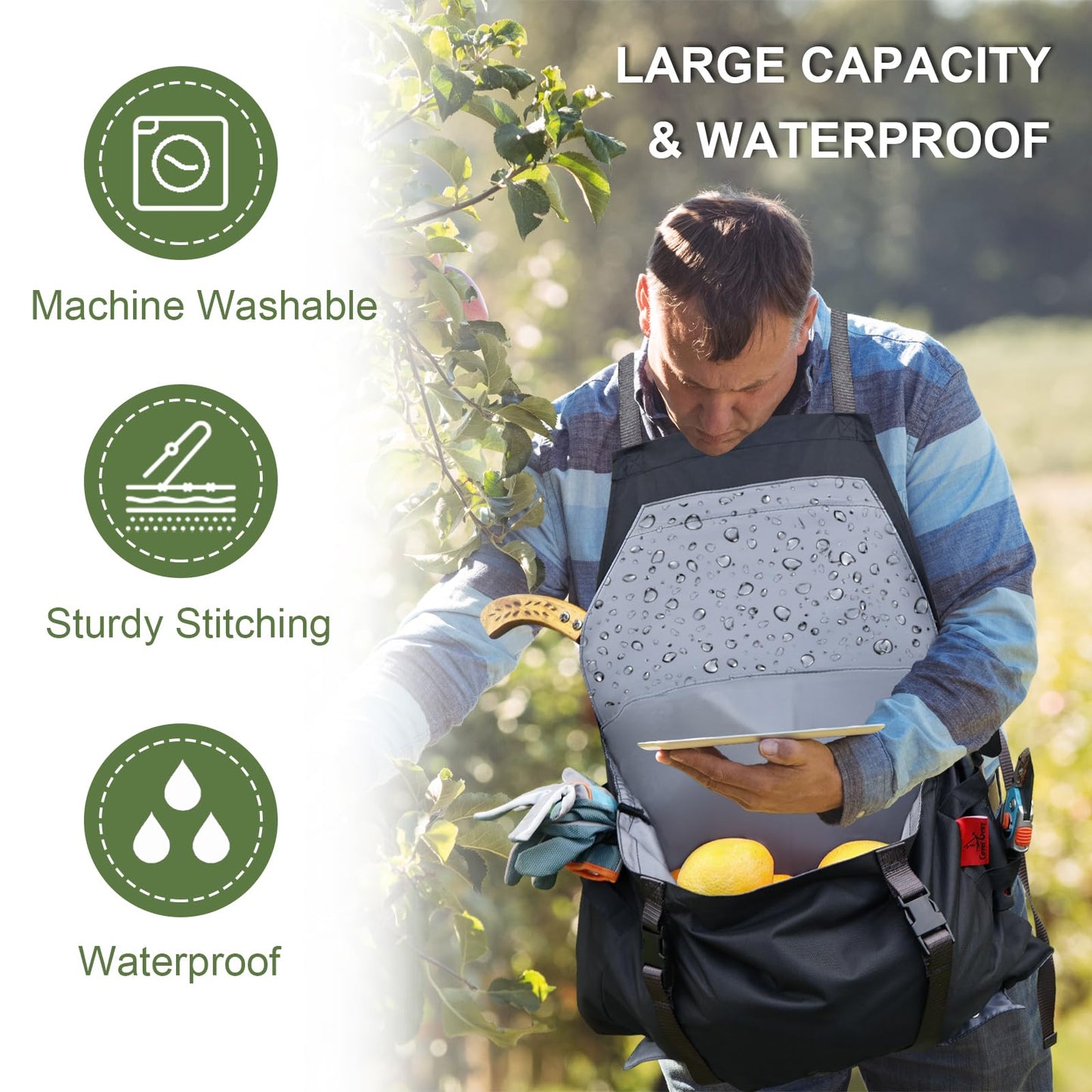 Cover Geny Gardening Apron Waterproof Cross Back Apron, 600D Heavy Duty Apron Harvest with Pockets, Adjustable Straps and Quick Release (BLACK)