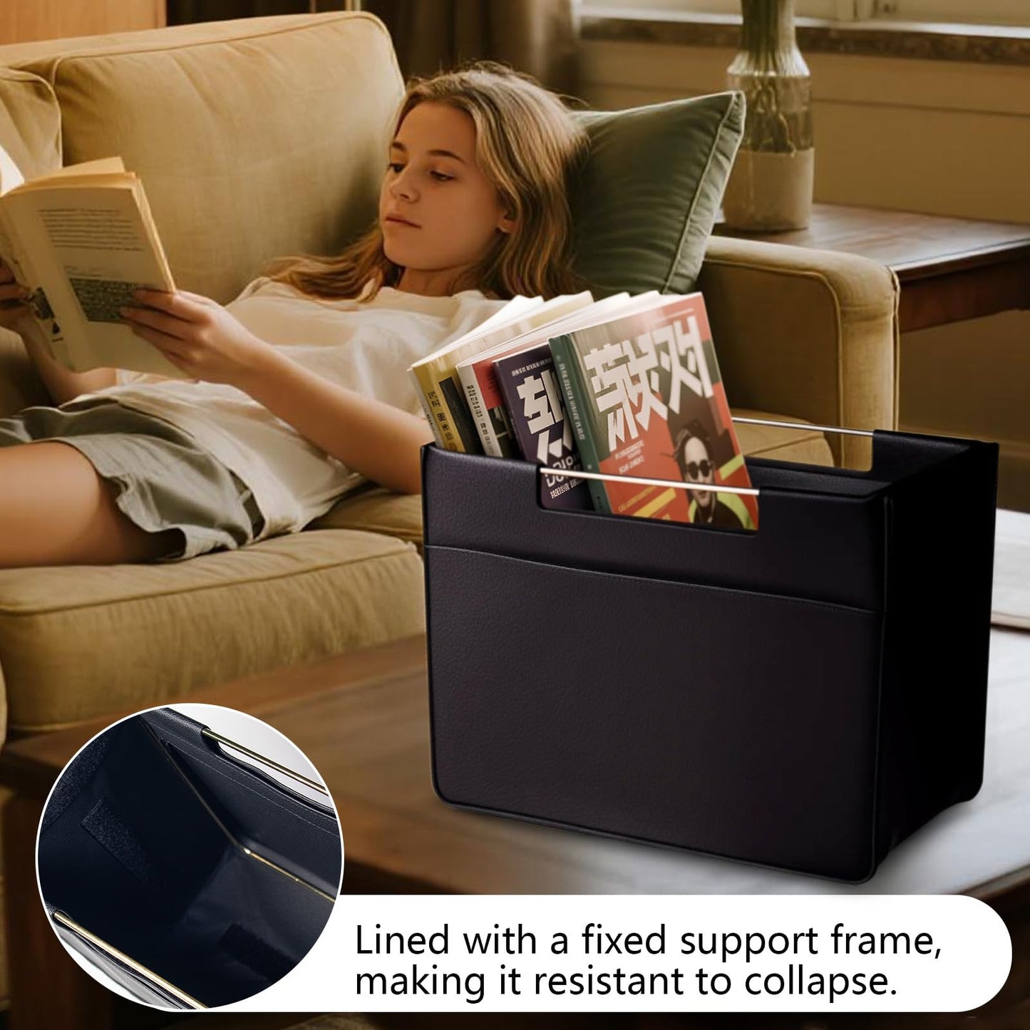 Craftmastudio Leather Magazine Holder Foldable with Handles，Stable Magazine Rack Floor，Magazine Basket File Holder Storage，Document File Folder Organizer Free Standing for Office Living Room (black)