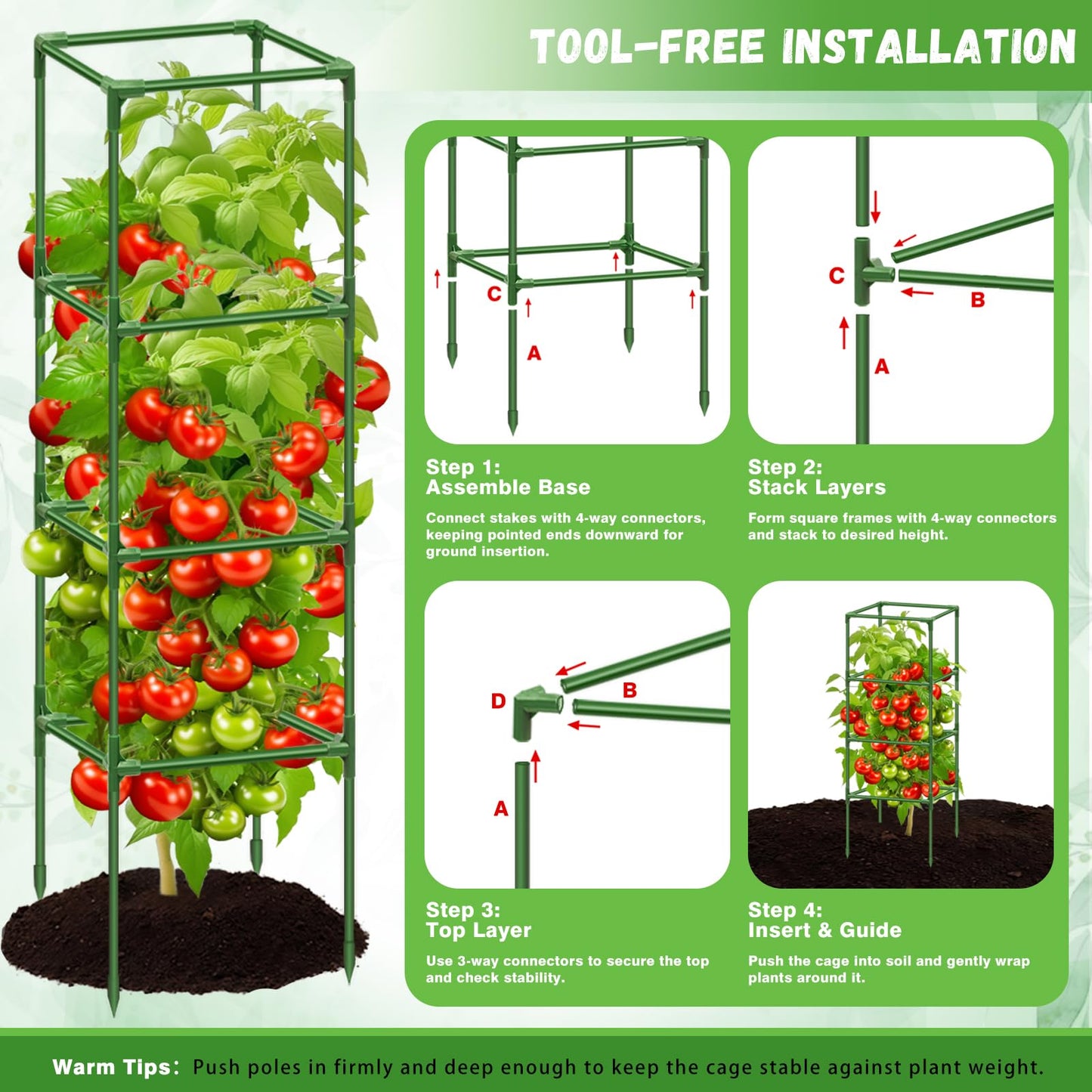 Riare 4 Pack Square Tomato Cages for Garden Plant Support- Up to 60 Inch Tomato Cage Garden Stakes Tomato Trellis for Potted Plants Raised Garden Bed Climbing Vegetables Flowers Outdoor Indoor