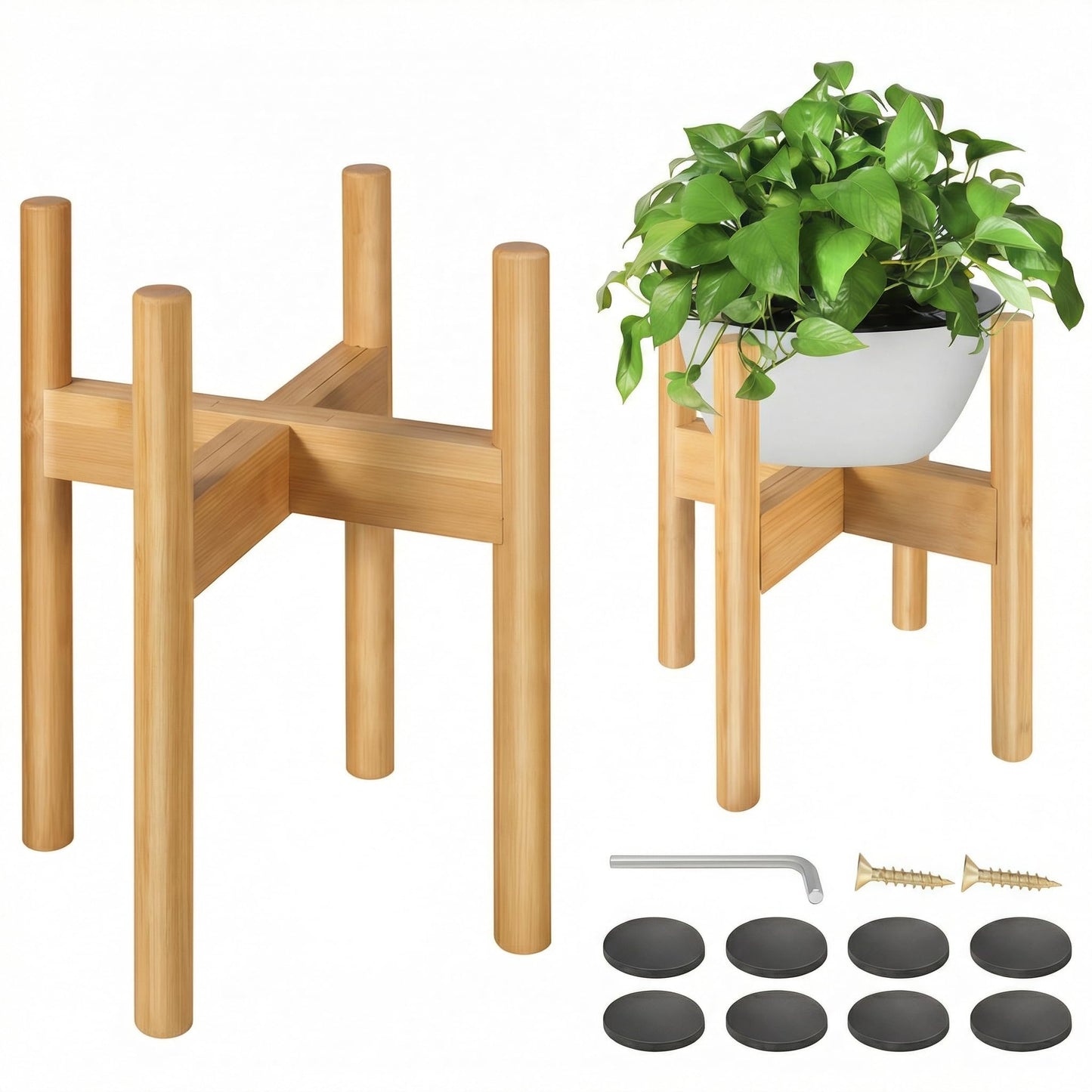 BESHOF 2 Pack Bamboo Plant Stands, Adjustable Plant Stand Indoor, Mid Century Modern Plant Stand, Plant Holder for Living Room, Balcony Fits 8 to 12 Inches Pots (Beige)