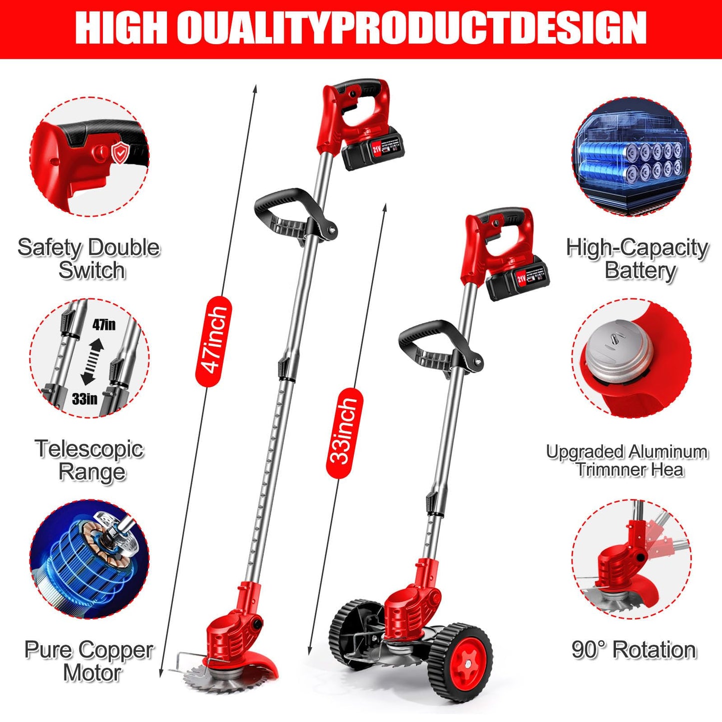 21V Cordless Weed Wacker with Wheels, 3-in-1 String Trimmer/Lawn Edger/Brush Cutter, 2x2.0Ah Battery & 3 Blades, Adjustable Height, Lightweight & Easy for Thick Weeds & Small Yards – Homeowner