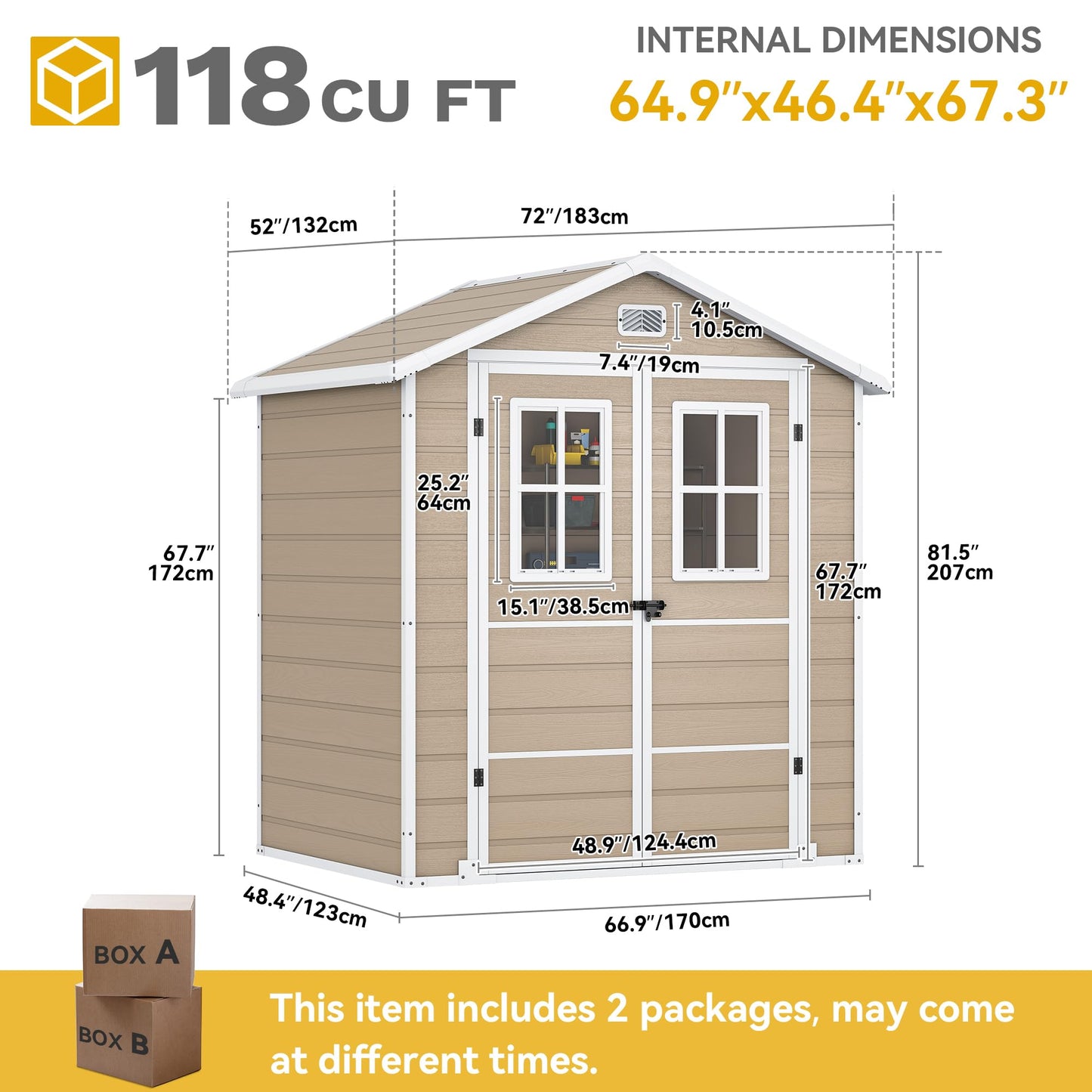 DWVO 6x4.4 FT Outdoor Storage Shed, Plastic Garden Tool Shed with 2 Windows, Double-Wall Outside Shed for Lawn Mower, Garden Tool for Backyard, Patio, Lockable, Beige