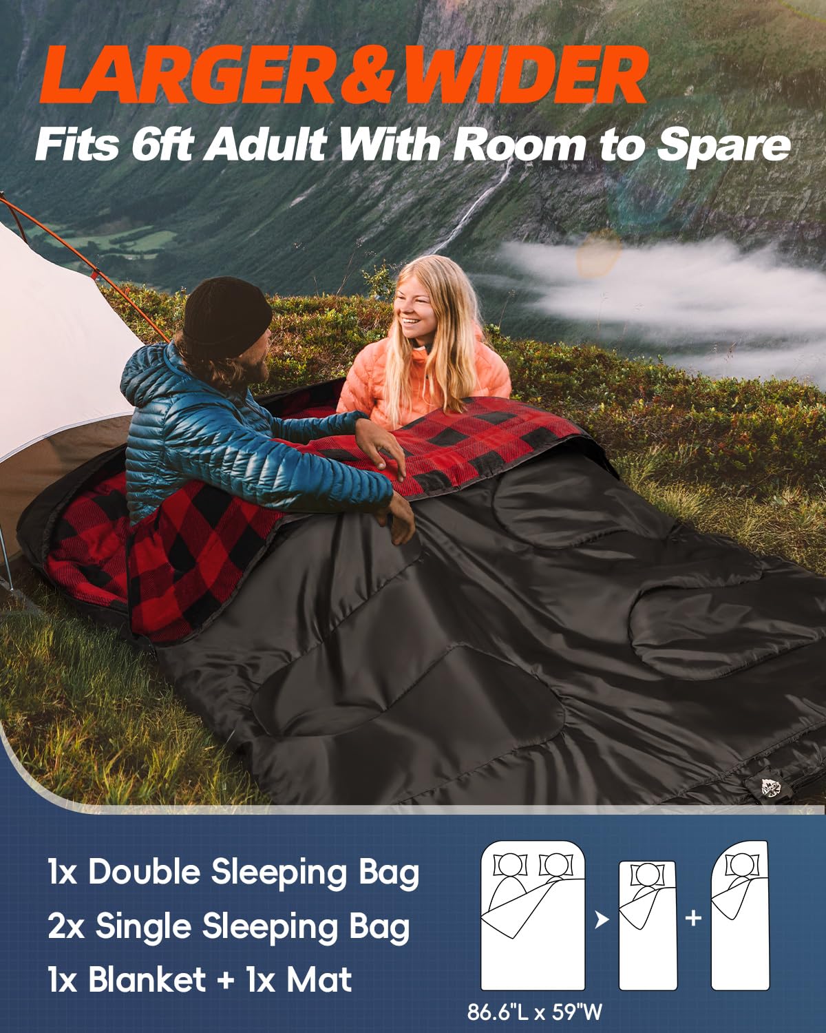 MEREZA Flannel Double Sleeping Bag for Adults Cold Weather, XL Queen Size Sleeping Bag for All Season 2 Person Big and Tall Sleeping Bags for Camping 0 Degree with Pillow