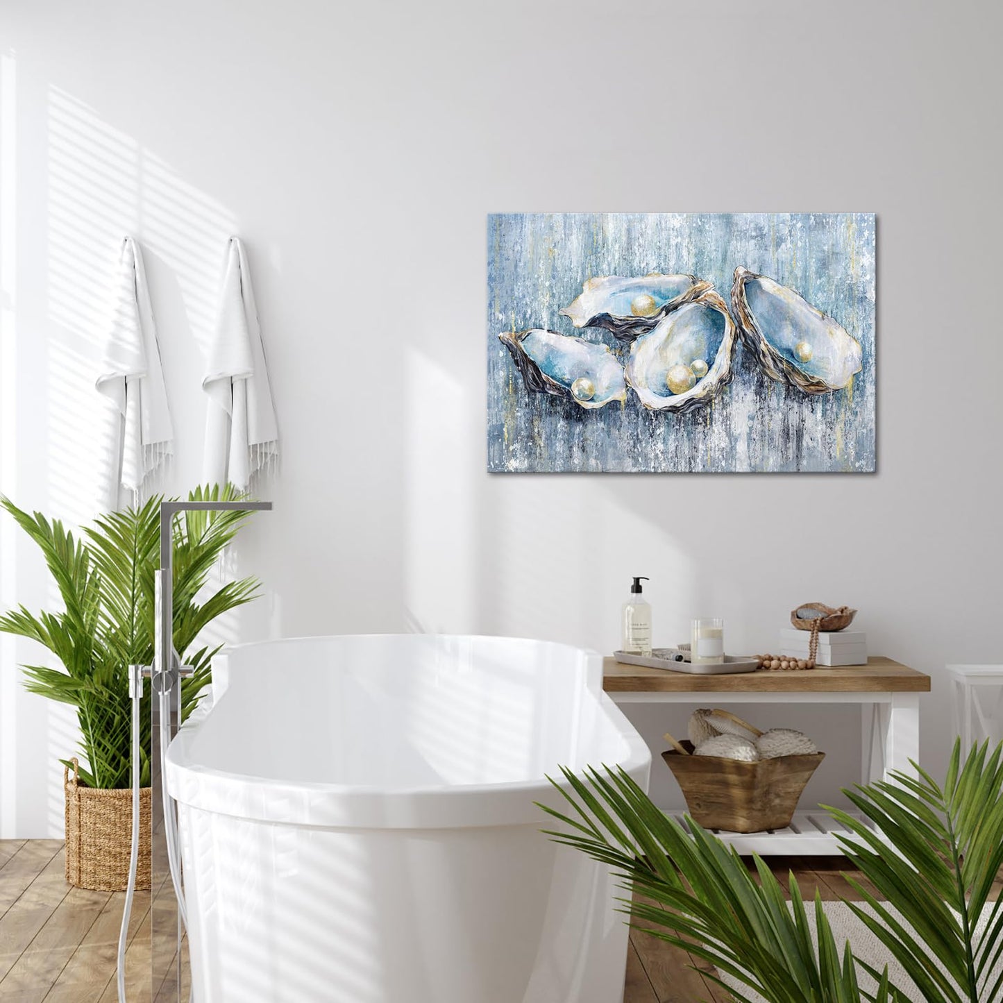 FuShvre Coastal Theme Wall Art Decor Oyster Shell with Pearl Canvas Painting Blue Prints Artwork for Bathroom Bedroom Stretched and Framed 36"x24" (L)