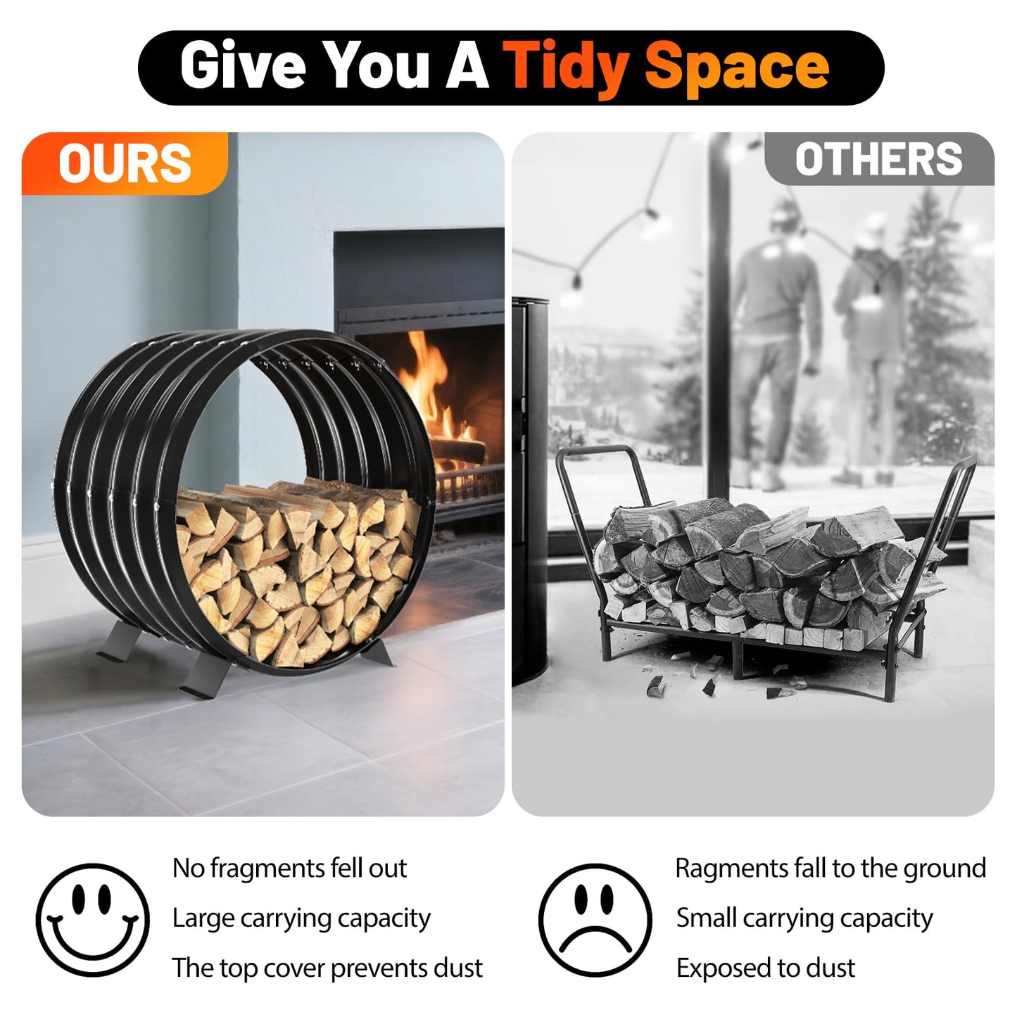 VAMFUTRE Round Metal Sheet Firewood Rack Indoor by Fireplace/Outdoor Beside Fire Pit-with Metal Legs,Rustproof,Durable & Stylish Firewood Holder (Circle, 24 Inches Diameter)