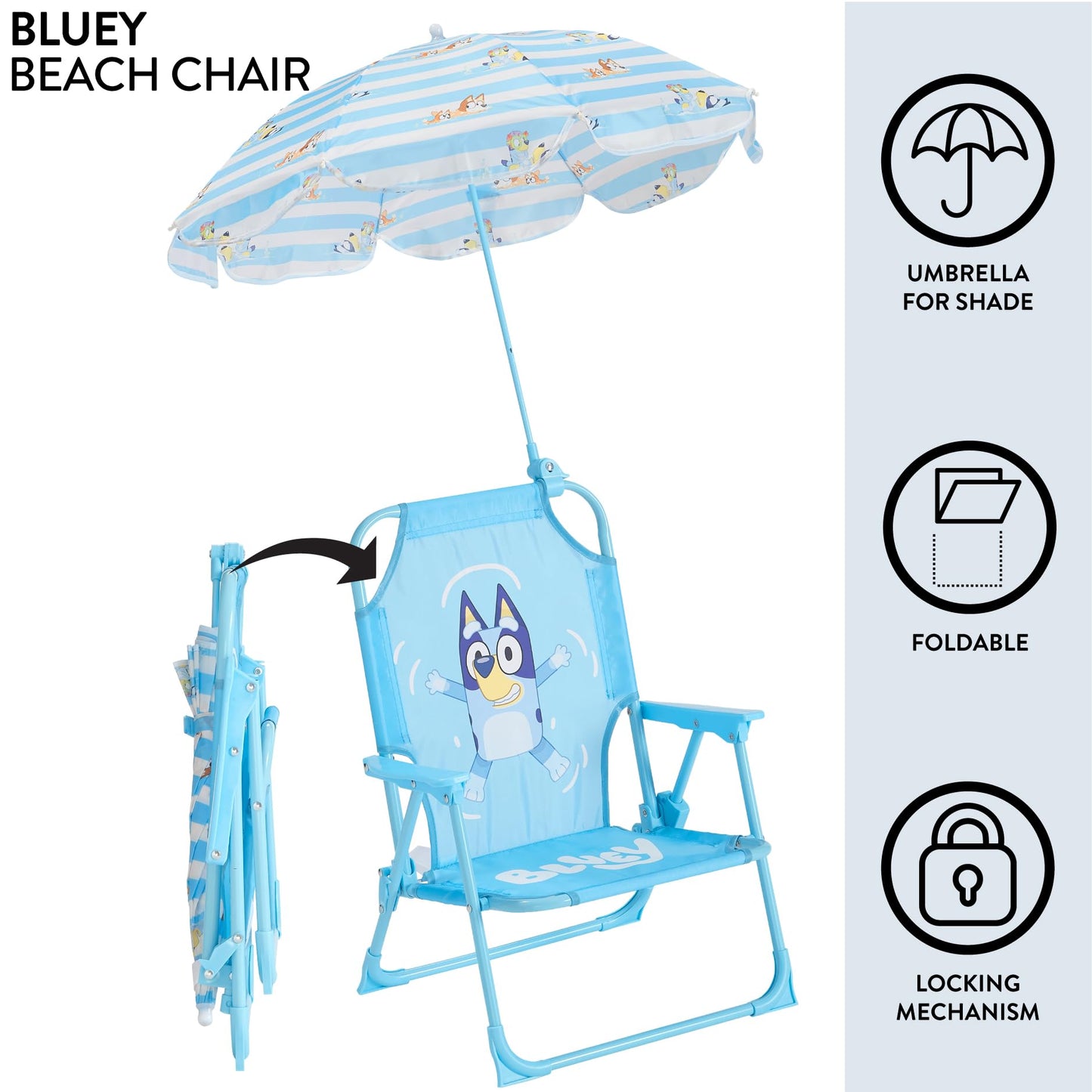Idea Nuova Bluey Kids Outdoor Folding Beach Chair with Umbrella,Portable Camp Chair for Ages 3+, Lightweight & Compact for Beach, Camping, and Backyard