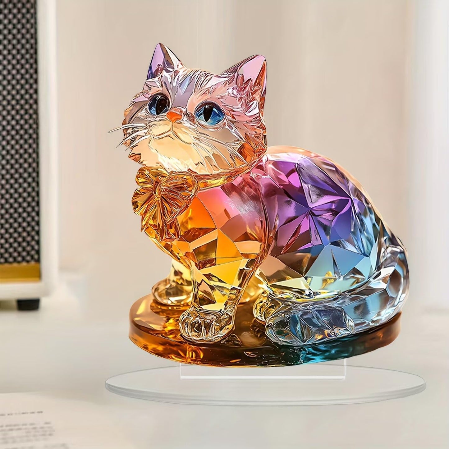 Rainbow Crystal Cat Figurine Acrylic Desktop Decoration, Suitable for Home Décor in Living Room or Office. Idea Gift Choice: Halloween, Christmas, Birthday, Anniversary, Valentine's Day, Celebrations