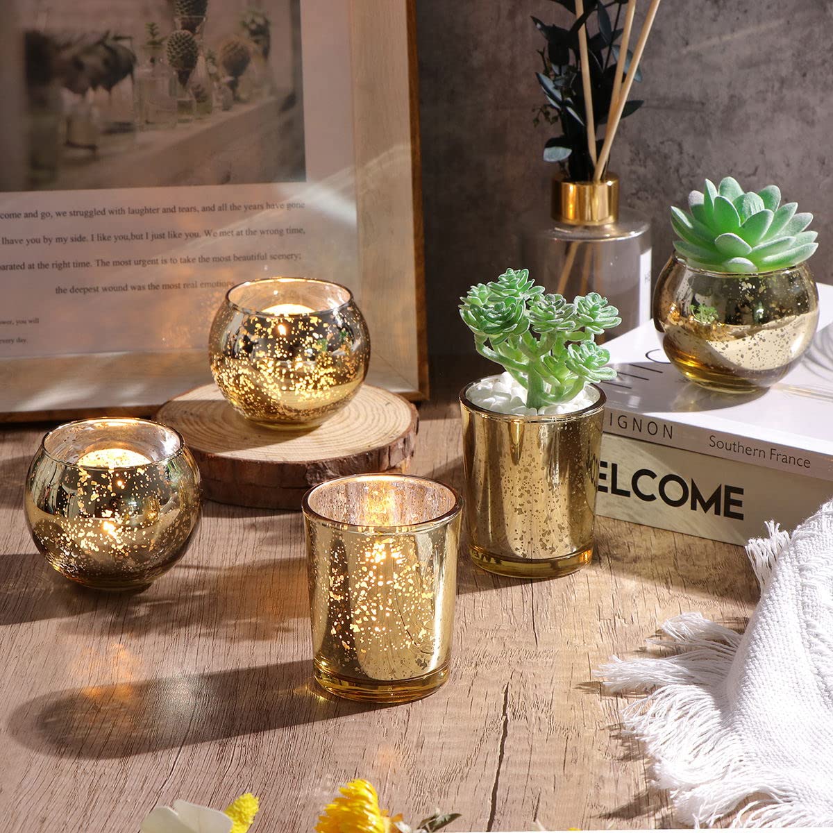 DEVI 24pcs Assorted Gold Votive Candle Holders, Mercury Glass Candle Holder, Diwali Decorations, Gold Wedding Centerpieces for Tables, Bridal Shower Party Table Decorations