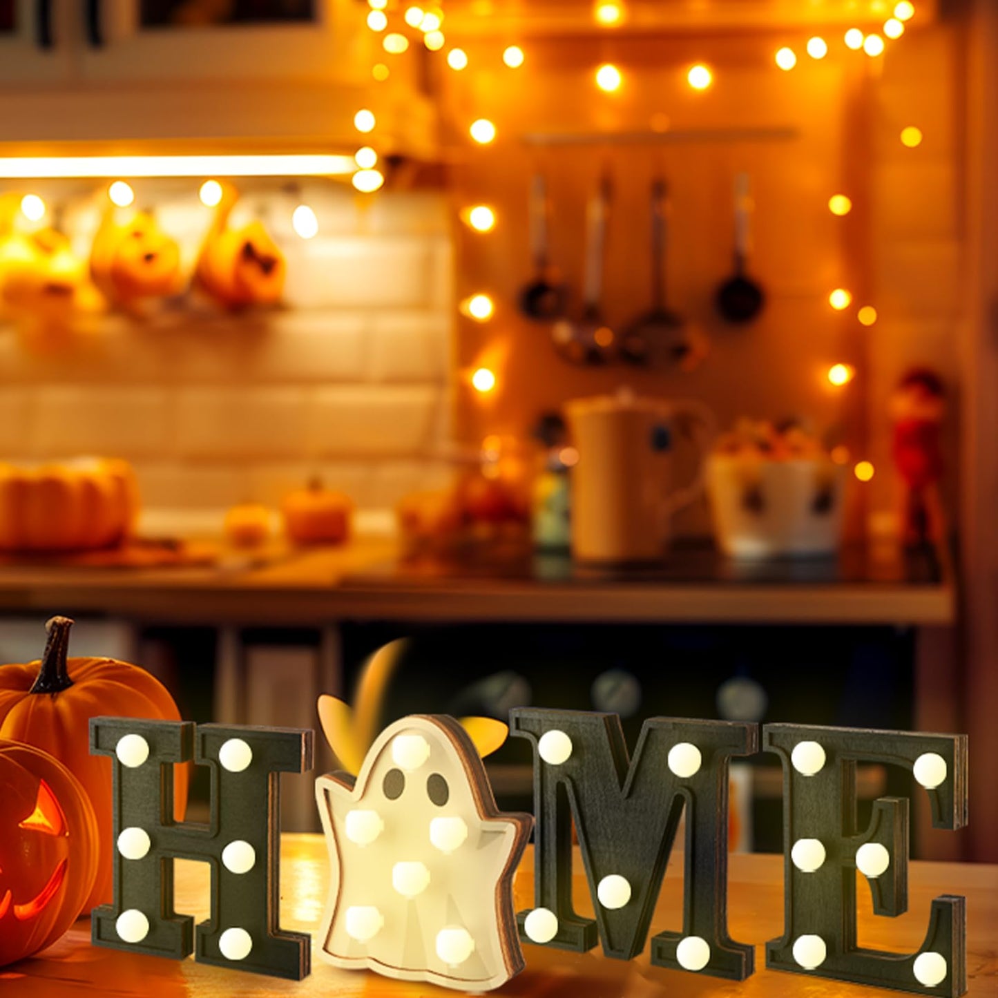 Aurelema Interchangeable Home Table Signs with 8 Pcs Seasonal Icons Wooden "home" Letter Signs with LED Marquee Light up Interchangeable Holiday Decorative Centerpiece for Holiday Room Decoration