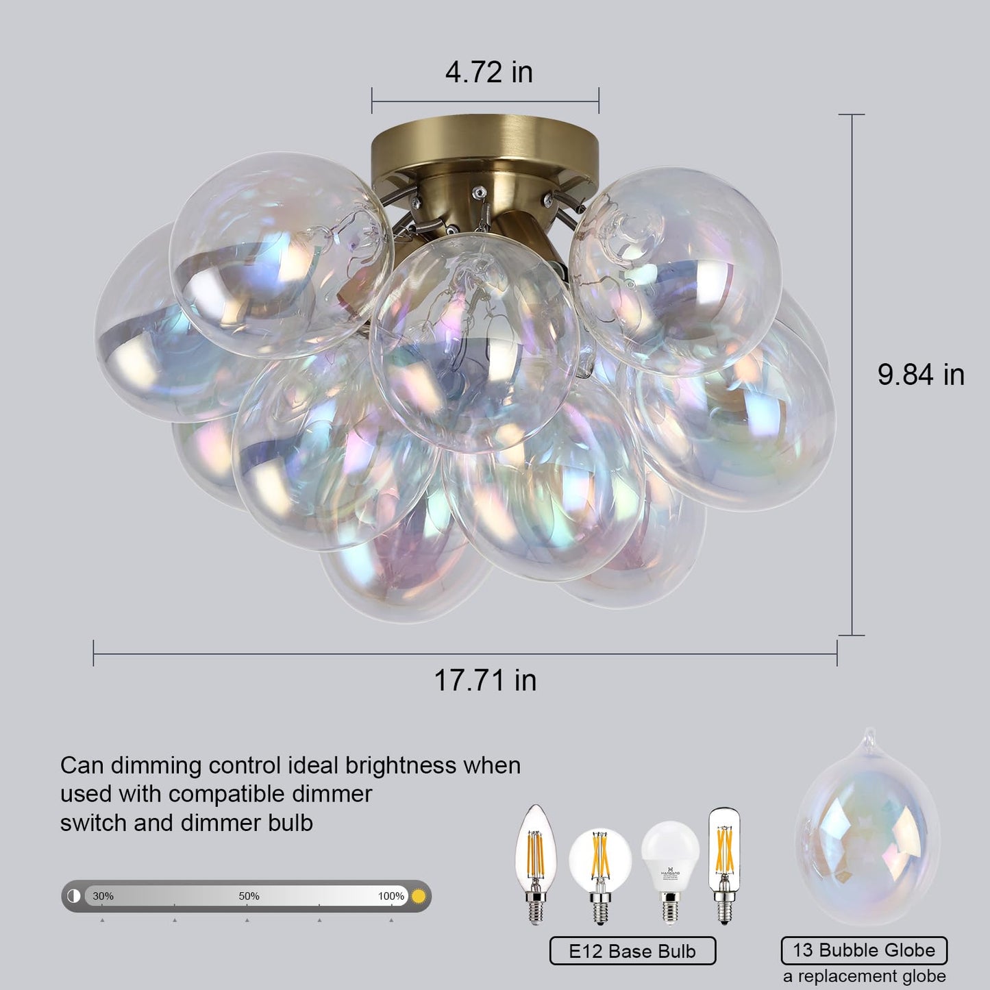 GoYeel Semi Flush Mount Ceiling Light Gold, Colorful Bubble Light Fixture Kitchen 17.7in Mid Century Modern Chandelier Small Glass with 13 Globe for Kid Room Girls Room Foyer Living Room