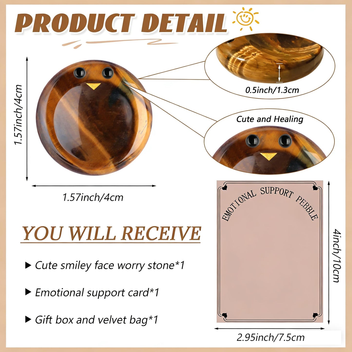 ZHIYUXI Tigers Eye Crystal Stress Relief Gifts Emotional Support Worry Stones for Anxiety Encouragement Gifts for Women Smile Worry Stones Anxiety Relief Items Calming Inspirational Gifts for Men