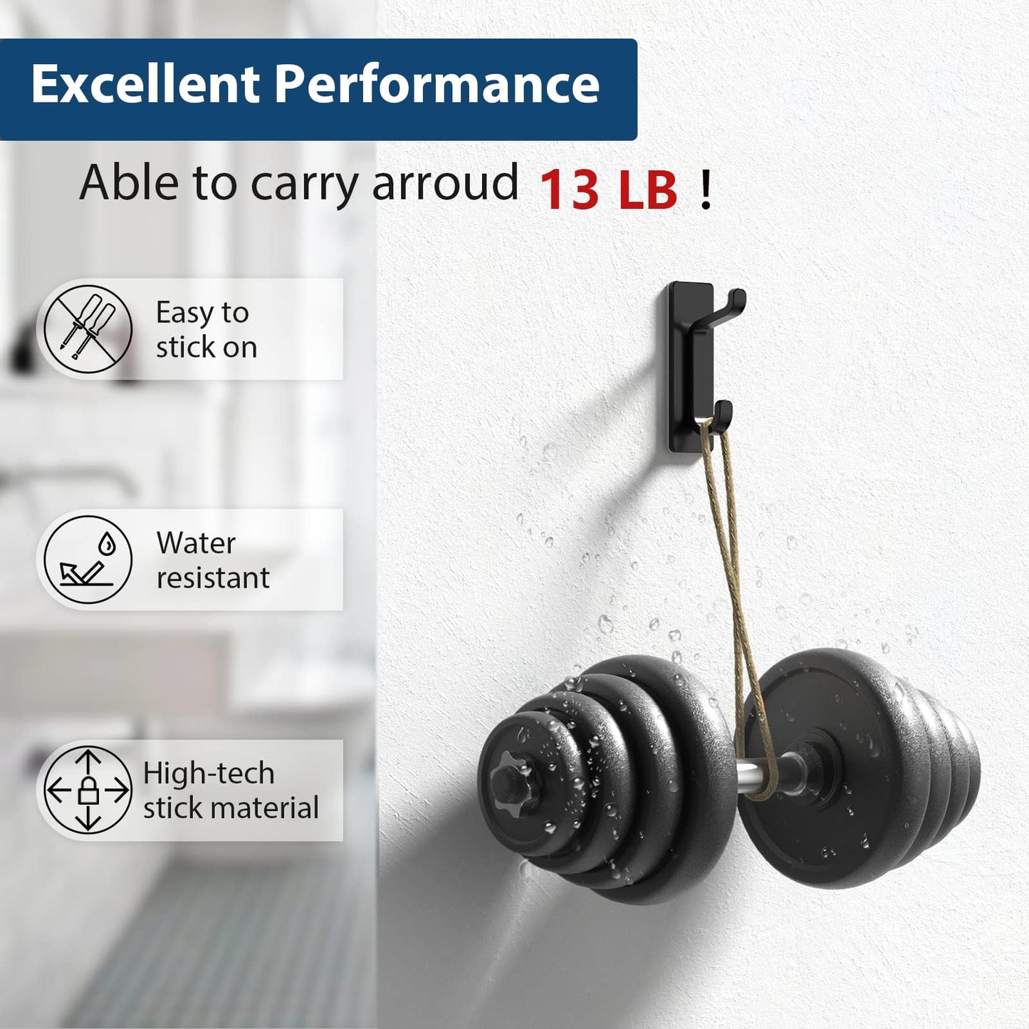 pickpiff Wall Hooks for Coat and Towel: 13LB Strong Adhesive Door Hanger Stick on, Black 4 Pack