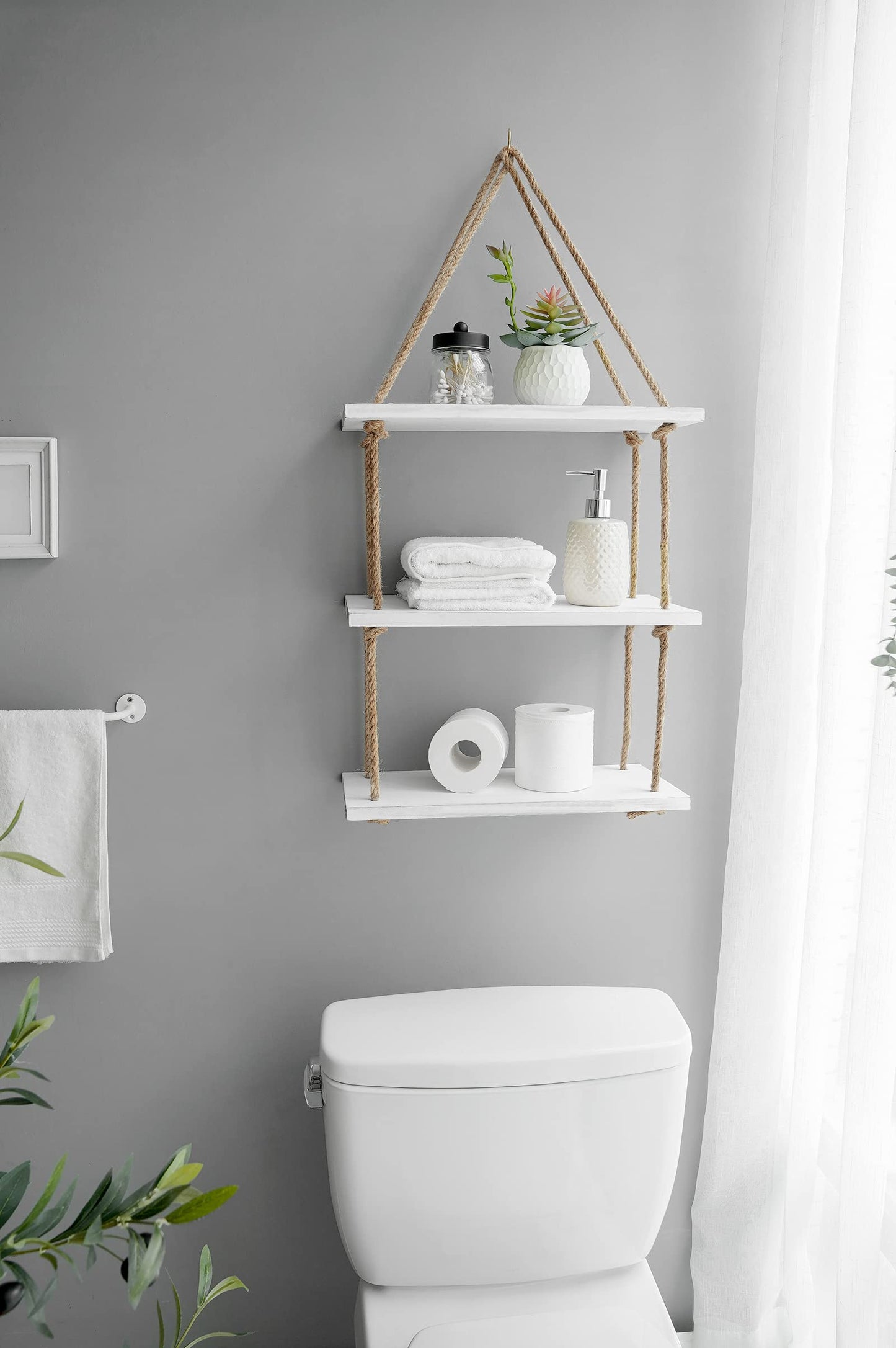 Mkono Hanging Shelves 3 Tier White Wood Wall Mount Floating Shelf with Rope Boho Decor for Living Room Bathroom Bedroom Kitchen Apartment - Rustic Wood Decorative Storage Shelf