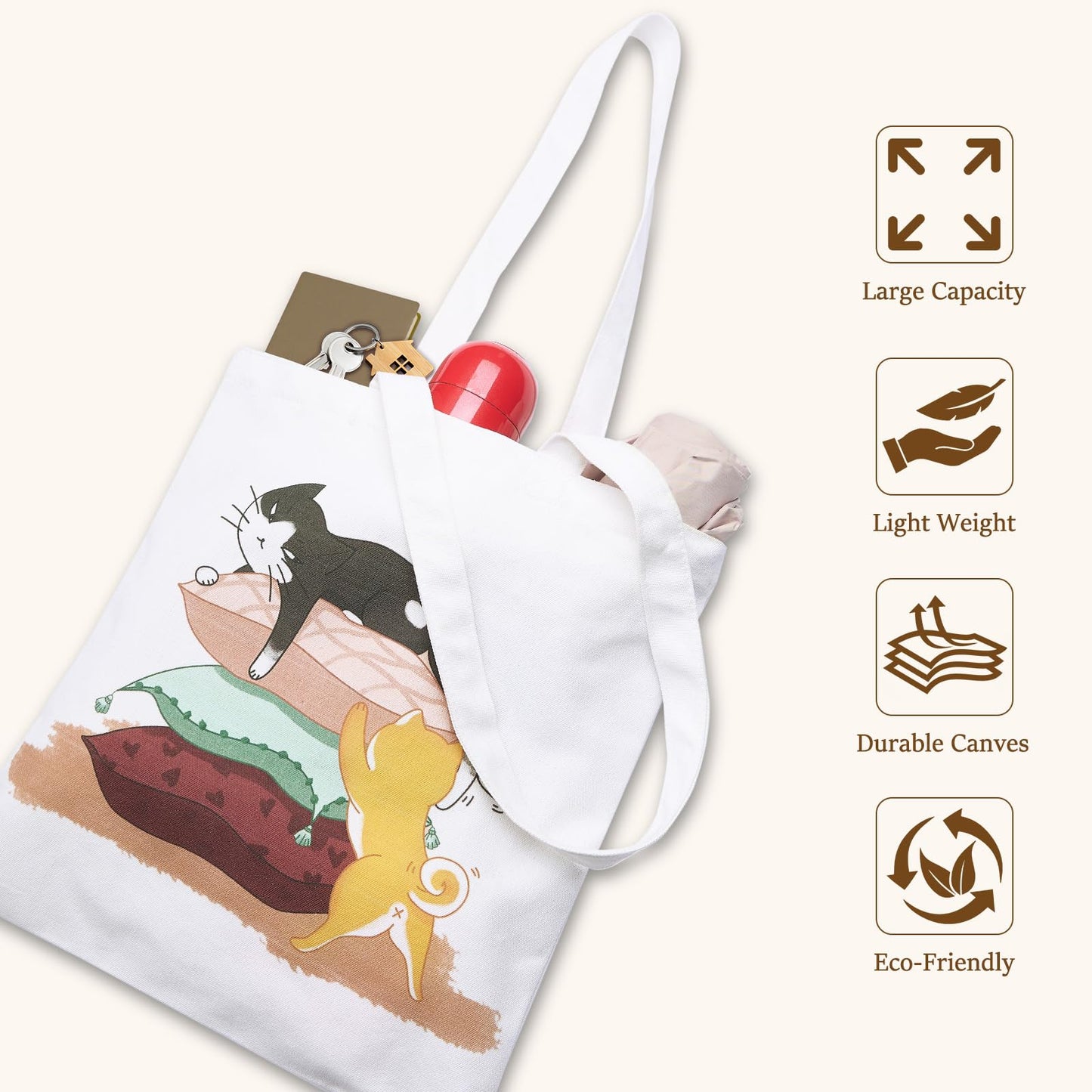 GICDSU Black Cat Cotton Canvas Tote Bag with Zipper, Reusable Grocery Bags, Beach Foldable Tote Bag for Women, Funny Totebag with Inner Pocket for Shopping Travel Gym Work