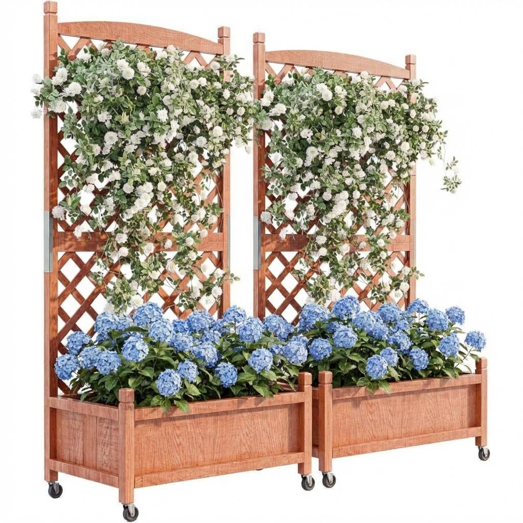 IDEALHOUS Large Raised Garden Bed with Trellis & Wheels, 61" Wooden Mobile Planter Box with Drainage Hole, Freestanding Vertical Planter for Outdoor Indoor Patio Lawn Herbs Flowers Vegetables, 2 Pack