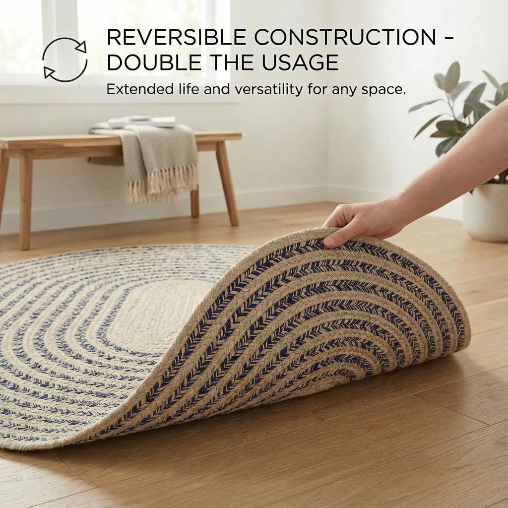 Cotton Braided Rug - 20" X 30" Beige and Navy Oval Woven Farmhouse Rug for Bathroom - Braided Minimalist Rugs for Kitchen - Rustic Primitive Rugs for Entryway