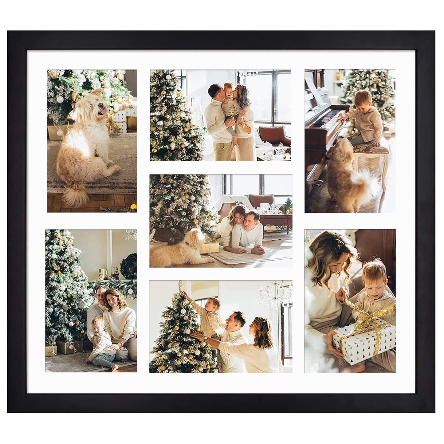 Golden State Art, 13.7x15.7 Matted Black Wood 7-Opening for 4 x 6 Collage Picture Frame