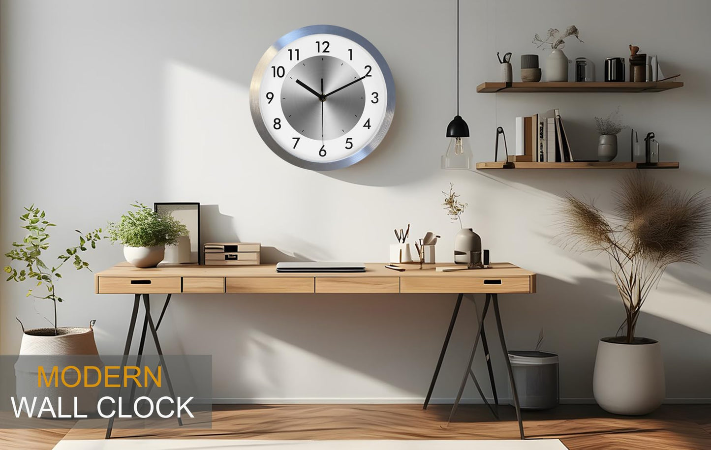 Fzy.bstim Non Ticking Silent Wall Clock Decorative,Analog Metal Wall Clock Battery Operated,Bedroom/Living Room/Office/Kitchen Clock,Sliver,10 inch
