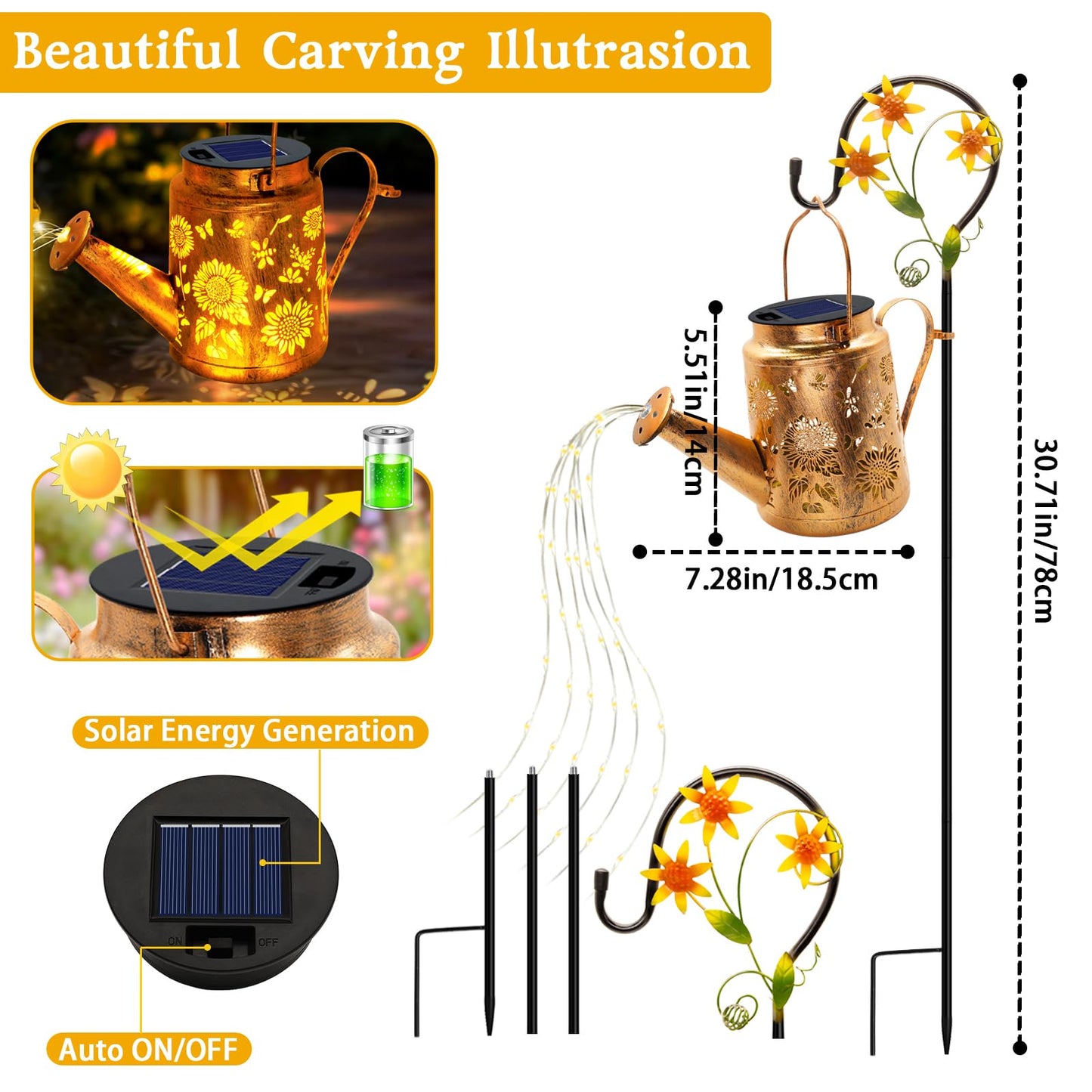 Solar Lights Outdoor Waterproof, Sunflower Solar Watering Can Lights with Shepherd Hook, Birthday Gifts for Mom Grandma Women Mother's Day, Metal Hanging Lantern Garden Decor Yard Outside Patio Lawn