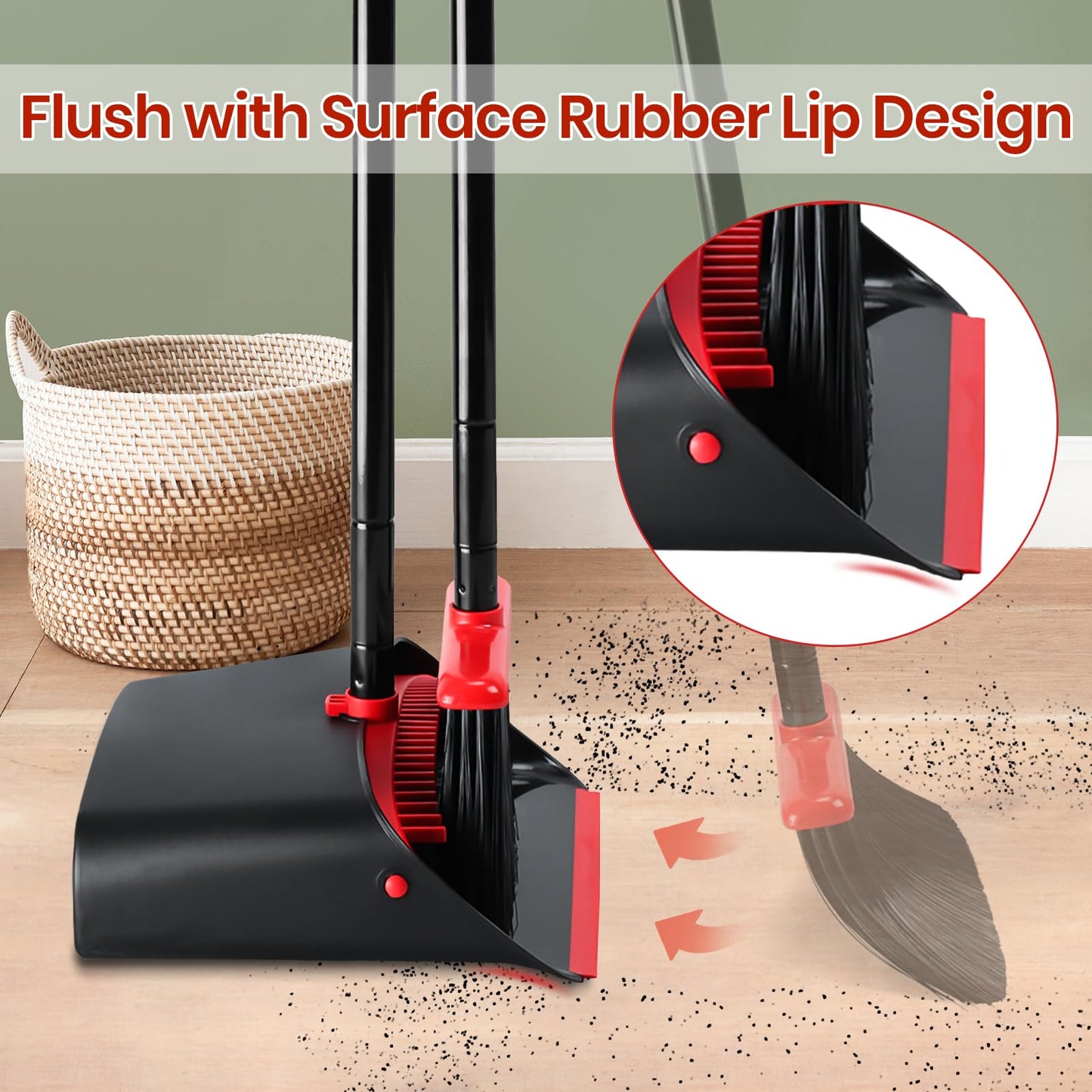 TreeLen Dust Pan and Broom/Dustpan Cleans Broom Combo with 52" Long Handle for Home Kitchen Room Office Lobby Floor Use Upright Stand Up Broom and Dustpan Set - Black/Red