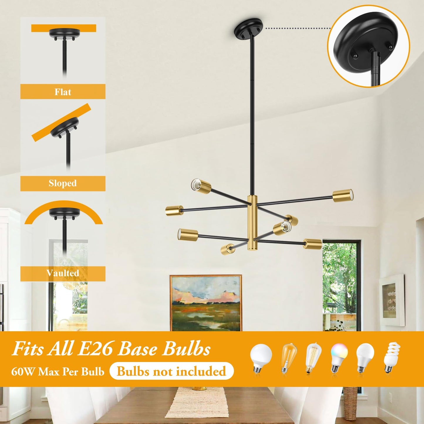 BesLowe 31‘’ 8-Light Modern Sputnik Chandelier, Mid Century Black & Gold Chandeliers Lighting, Farmhouse Ceiling Hanging Light Fixture for Dining Room Bedroom Room Kitchen Foyer, Height Adjustable