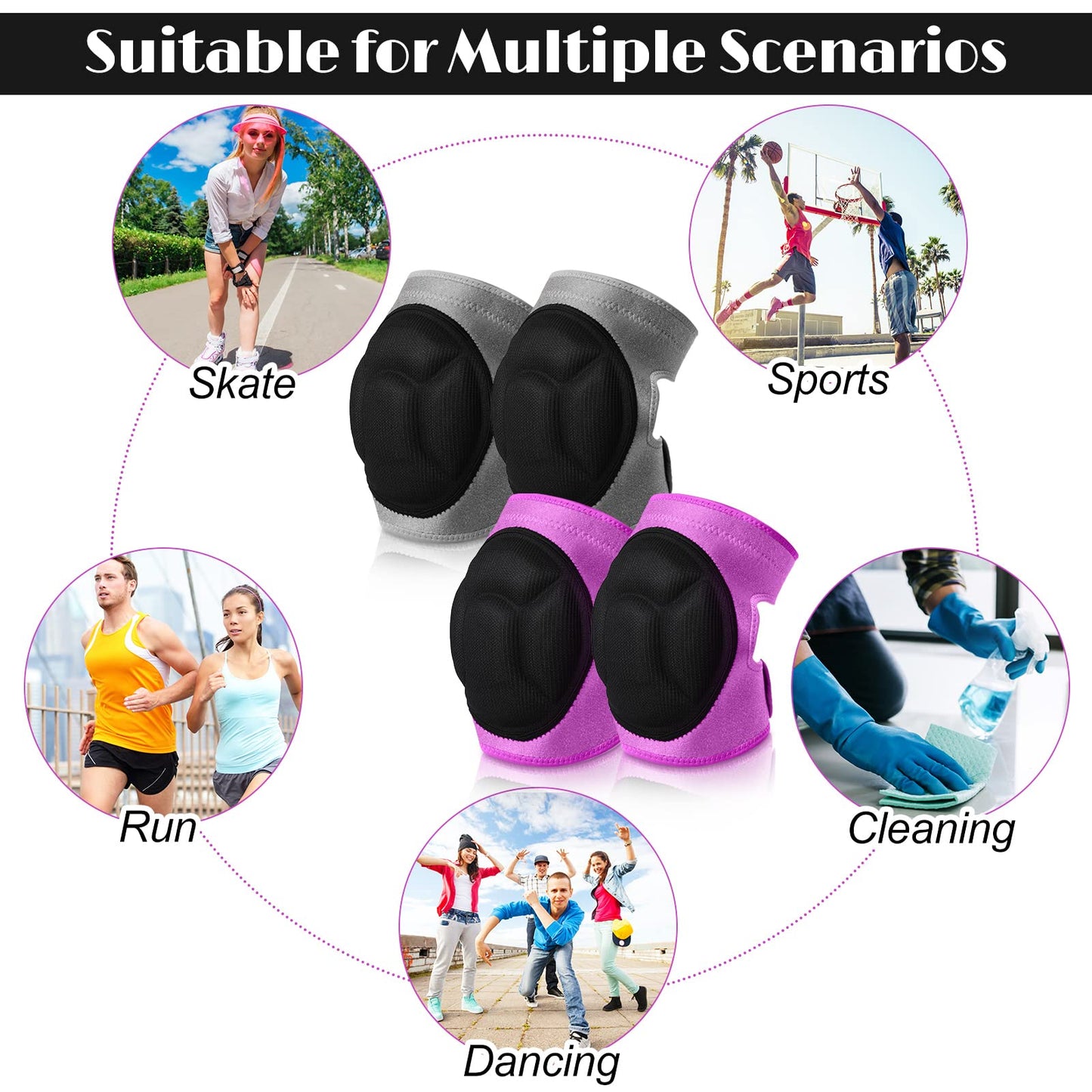Berlune 2 Pairs Knee Pads for Gardening Cleaning Knee Pads for Men Construction Work Kneepads with Thick Foam, Anti Slip Collision Avoidance Kneepads for Garden Construction Flooring(Gray, Pink)