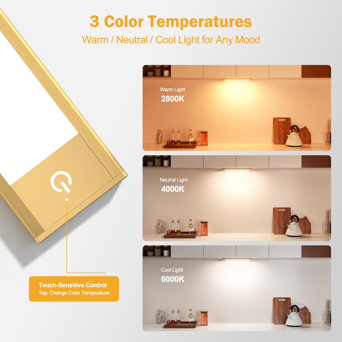V4light Rechargeable Motion Sensor Under Cabinet Light, Magnetic LED Bar with 1500mAh, Gold Aluminum Accent Lighting, Dimmable 3 Color Temperatures for Kitchen Cabinets, Shelves & Closets (9 in)
