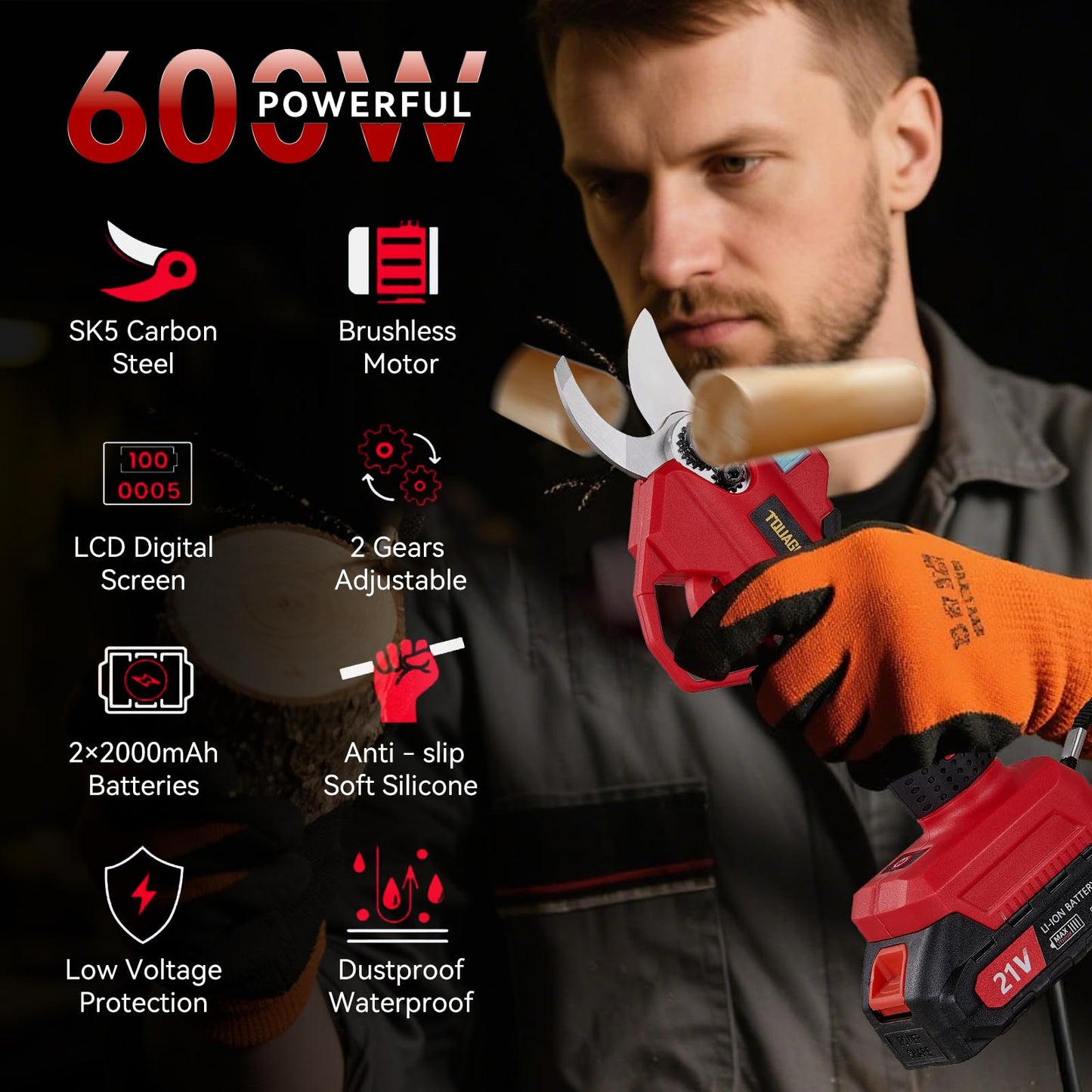 Electric Pruning Shears Cordless 2-in-1 Grafting Tool Kit, 3 Replaceable Cut Blades (Ω/U/V), 2×2000mAh Batteries, LCD Display Power Grafting Tool for Tree Branch Garden (shear)
