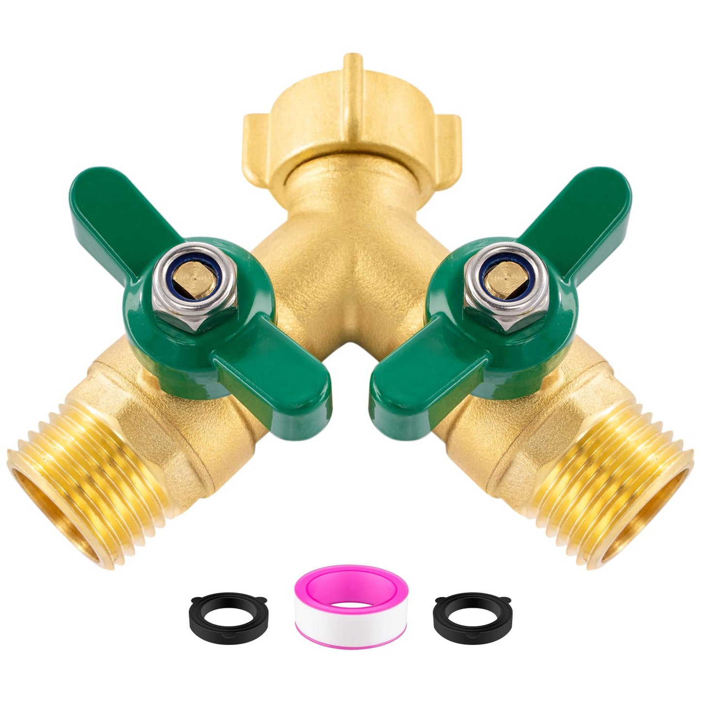 Cekwiet Heavy Duty Garden Hose Splitter 2 Way, Brass Full Flow Y Hose Splitter with Thickened Easy-Turn Handle, 3/4" GHT Outdoor Faucet Connector with Shut-Off Valves