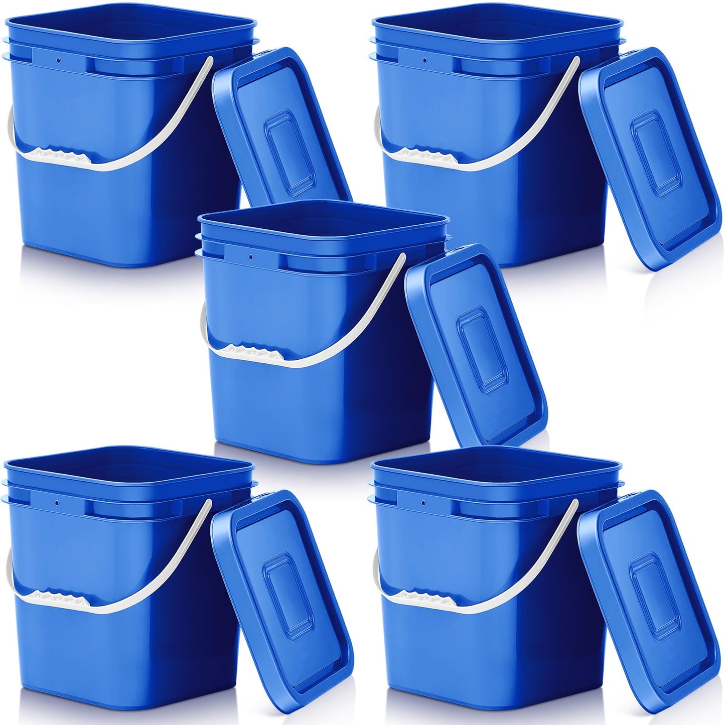 Mumufy 5 Pcs 3.5 Gallon Square Food Grade Bucket with Lid Square Bucket Pail Plastic Handles for Long Term Food Storage, Camping, Fishing, Home Organization Easy Stack and Store (Blue)