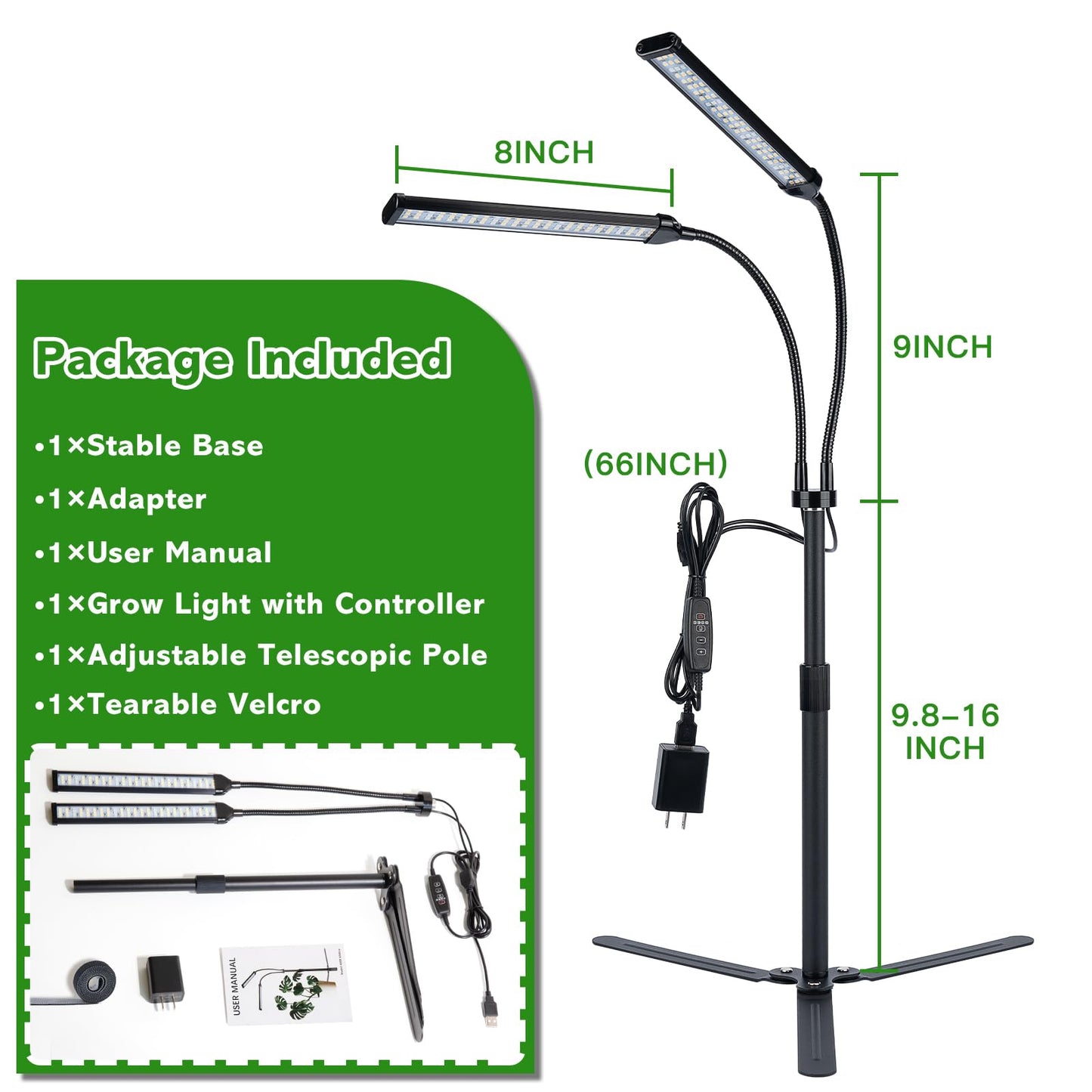 Grow Lights for Indoor Plants, Full Spectrum LED Tabletop Plant Lights for Indoor Growing, Dual-Head Gooseneck Plant Lamp with 5 Dimmable & Auto On/Off 4/8/12/18H Timer, Height Adjustable 9.8-25''