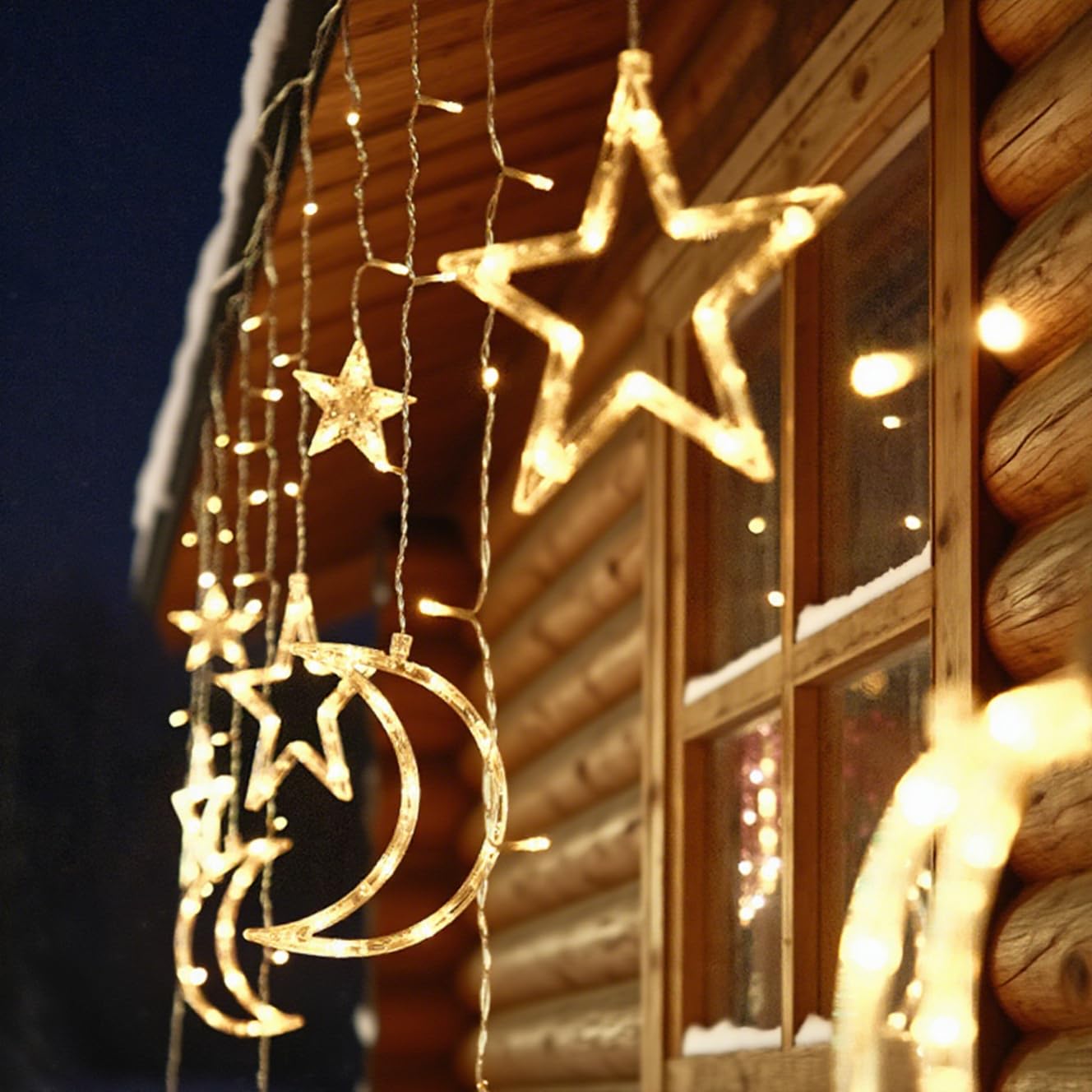 Moon and Stars Decor Curtain Lights, 11.5ft String Lights for Bedroom, Christmas, Ramadan Decor, Indoor LED Fairy Twinkle Light, Battery Operated or USB Plug-in (Warm Yellow)