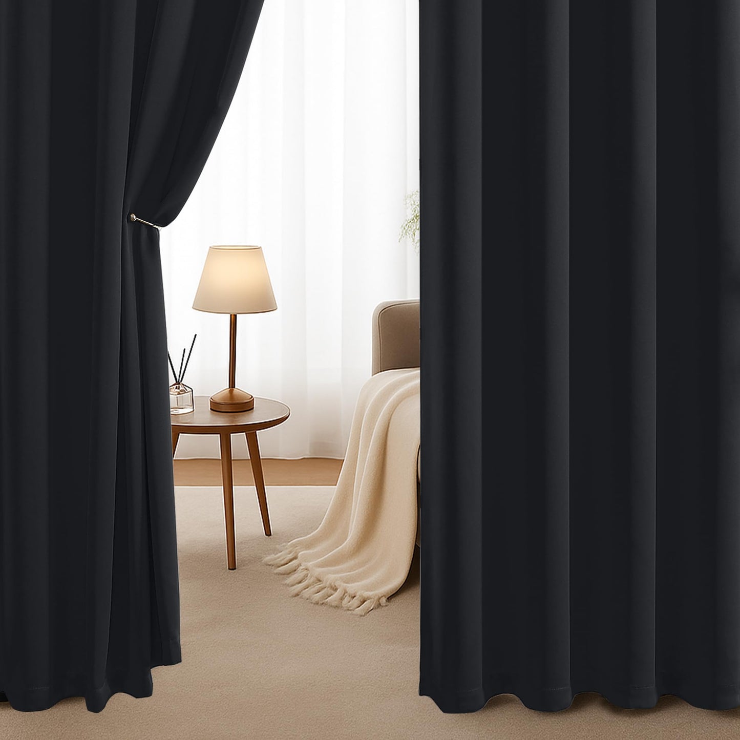 Simplebrand Halloween Black Blackout Curtains for Bedroom 63 Inch Length 2 Panels Set, Grommet Solid Thermal Insulated Black Out Curtains, Room Darkening Energy Saving Window Drapes, W40 x L63