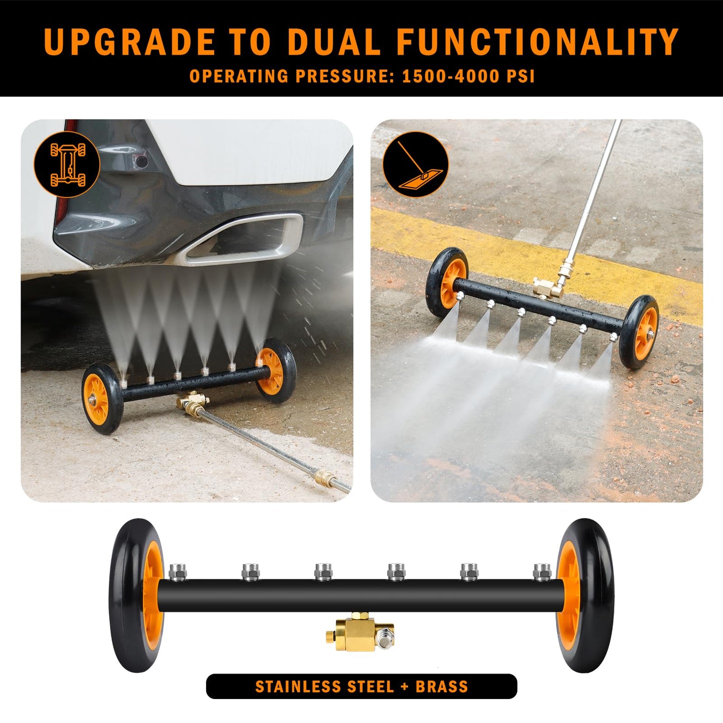 Undercarriage Pressure Washer Attachment, Siebwin 16" Dual-Function Water Broom for Pressure Washer Undercarriage Cleaner with 3 Pieces Extension Wand, 4000 PSI, Orange