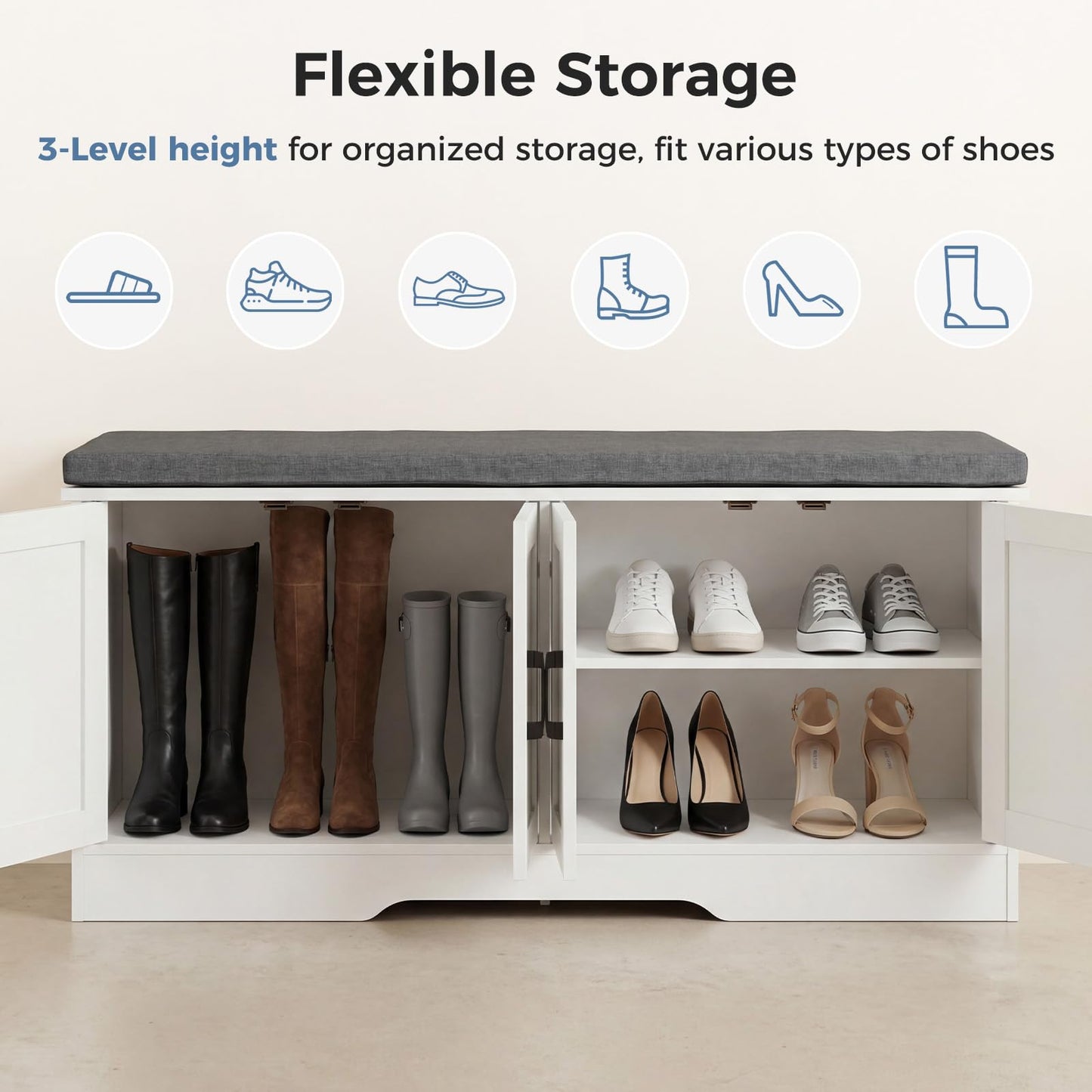 DUMOS Shoe Storage Bench, 47" Wide Shoe Organizer Cabinet with Padded Seat Cushion, 4 Doors, Adjustable Shelf for Entryway, Hallway, Bedroom, Living Room, White