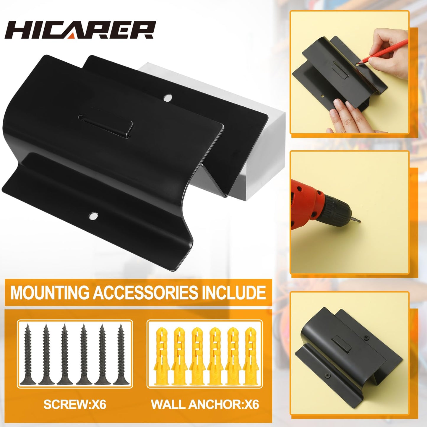 Hicarer 3 Pcs Ladder Hangers for Garage Wall Heavy Duty Utility Ladder Hook Wall Mount Wheelbarrow Hanger Tool for Patio Furniture Folding Chair Garage Organizers Storage (Black)