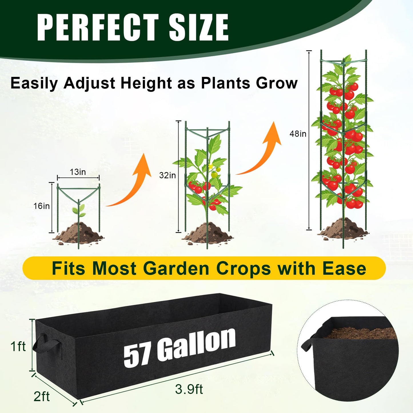 BobbleT 3 Pack Heavy Duty Tomato Cages with 57 Gallon Grow Bag, 48" Adjustable Tomato Trellis for Raised Garden Bed, Sturdy Triangle Plant Support for Climbing Vegetables, Cucumbers & Garden Plants