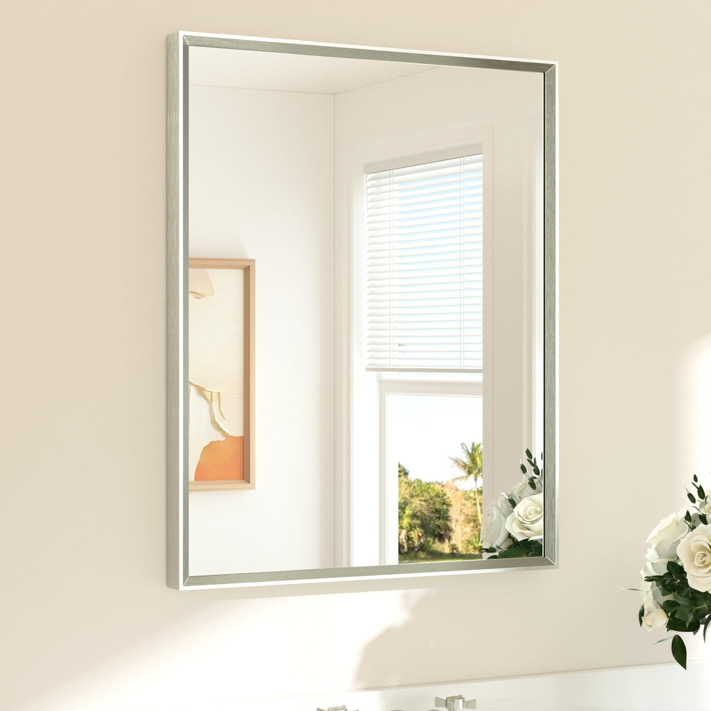 TETOTE Brushed Nickel Bathroom Mirror 24" x 30" Rectangle Beveled Frame Bathroom Vanity Mirror for Over Sink Brushed Nickel, Tempered Glass, Stronger Frame, Modern Farmhouse Bedroom, Entryway