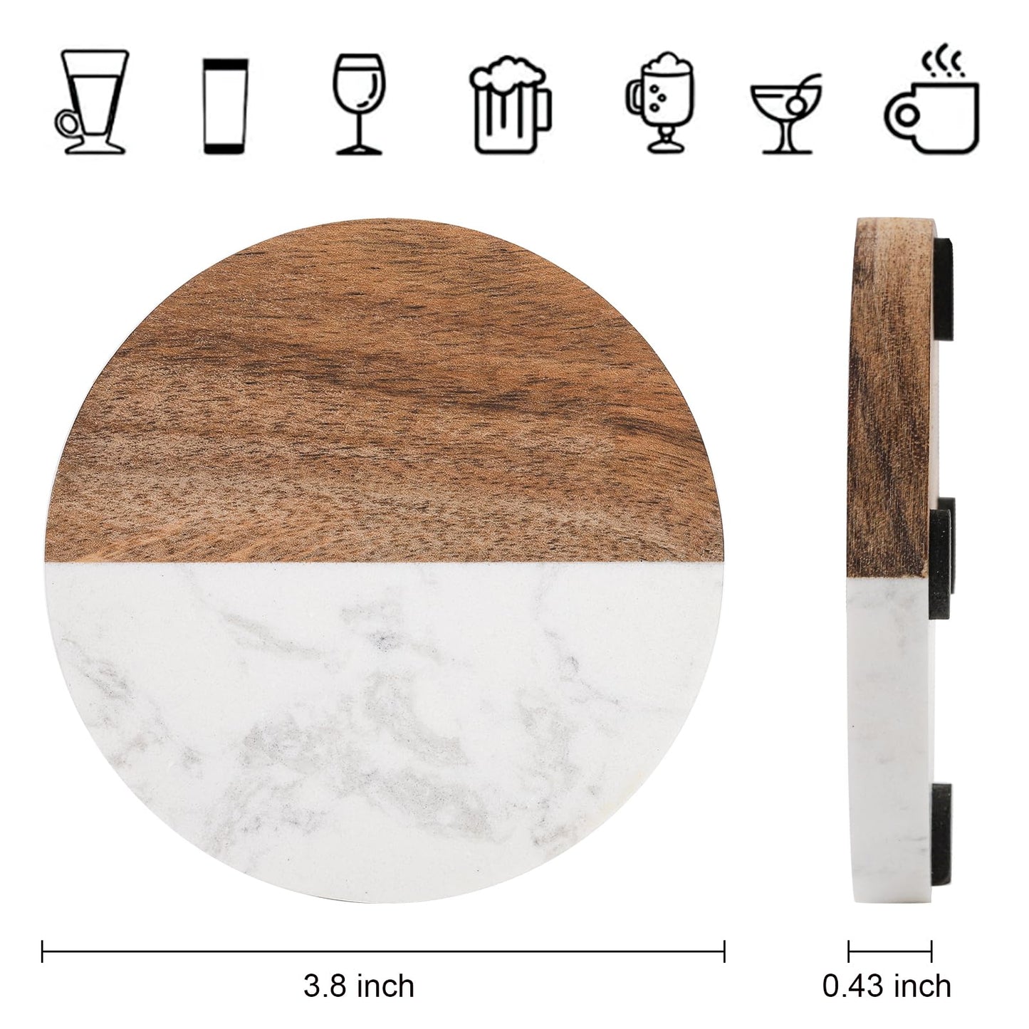 ZENFUN 6 Packs Marble Wood Coasters, Round Coaster, Handcrafted Artificial Marble Coasters Set for Your Drinks and Beverages, Tea, Coffee, Wine/Bar Glasses, Tabletop Protection Helper
