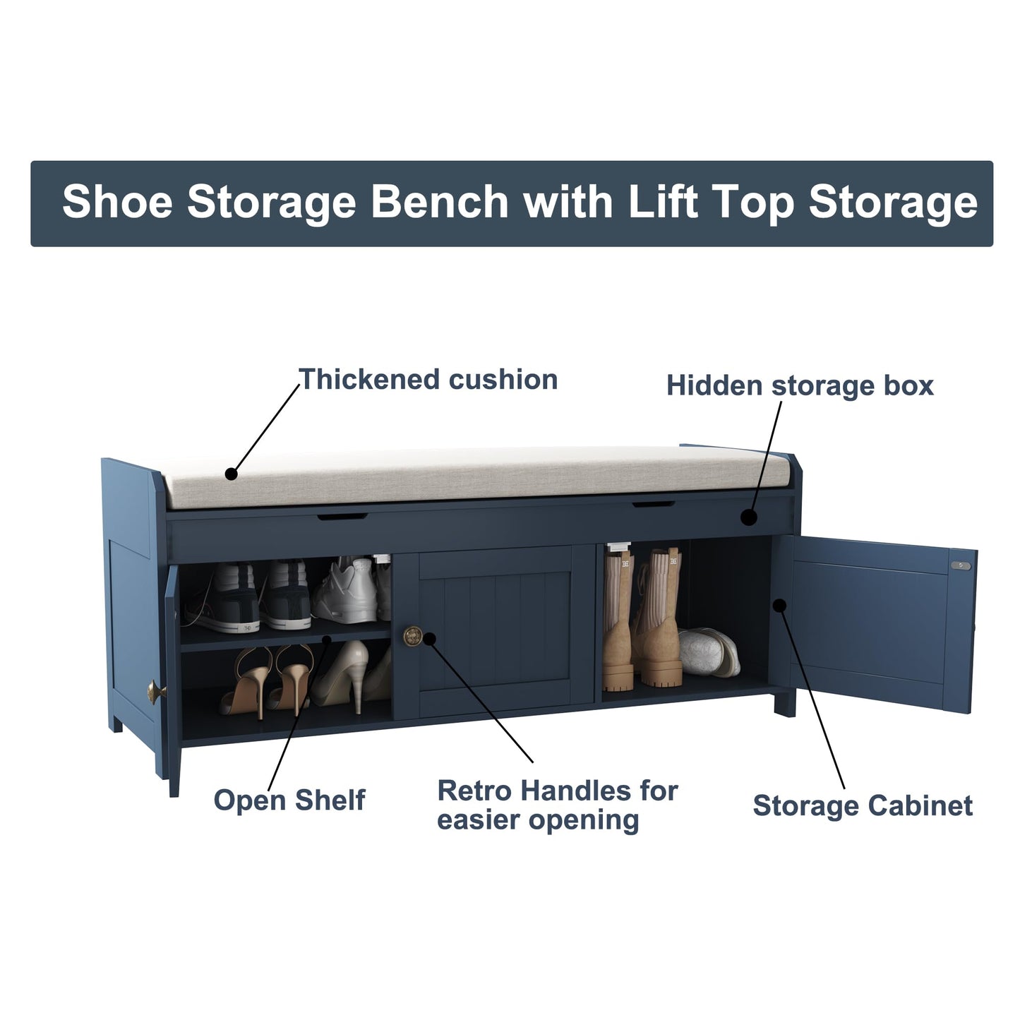 HOMEFORT 41.3" Shoe Bench with Lift Top Storage, Entryway Bench with Cushioned Seat, Wooden End of Bed Bench, Shoe Cabinet Bench with Hidden Storage Space, for Bedroom, Hallway,Blue