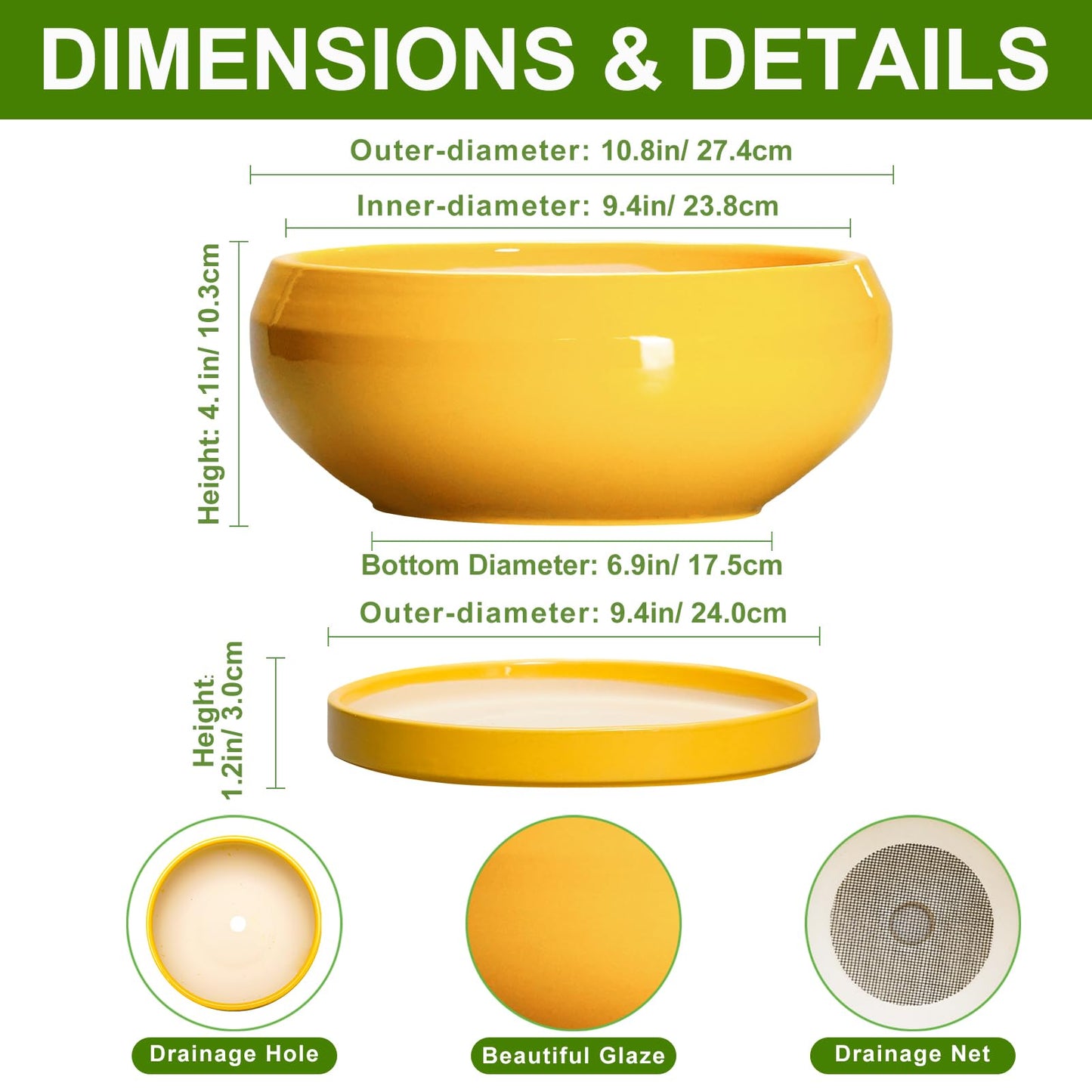 EPFamily Succulent Pots 10 Inch - Ceramic Bonsai Pots with Drainage Hole and Tray, Shallow Plant Pot Indoor Outdoor, Modern Bonsai Tree Pot, Round Planter Bowl, Home Decor, Housewarming Gift, Yellow