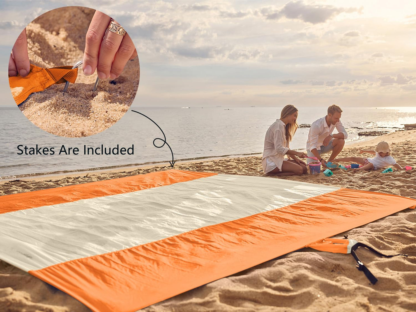 WEKAPO Beach Blanket Sandproof Waterproof, Extra Large Beach Mat, Oversized & Compact Sand Free, Quick Drying Beach Essentials for Vacation, Cruise, Picnic & Camping with Stakes (Orange, 7x7 FT)