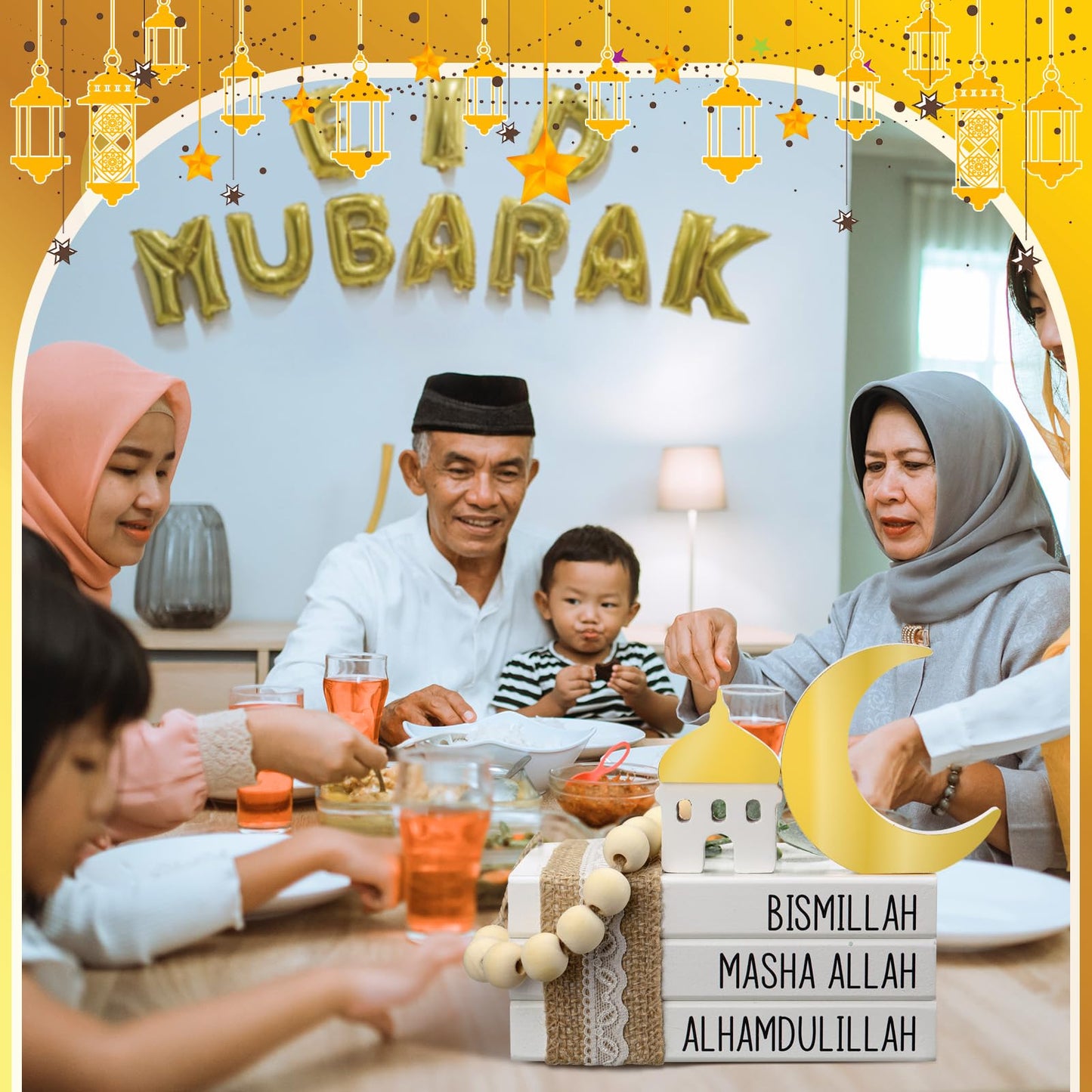 Blulu Islamic Wooden Tiered Tray Decor White Book Stack Golden Moon and Beads Start with Bismillah End with Alhamdulillah for Farmhouse Eid Muslim Ramadan Home Tabletop Art Decor(Bismillah)