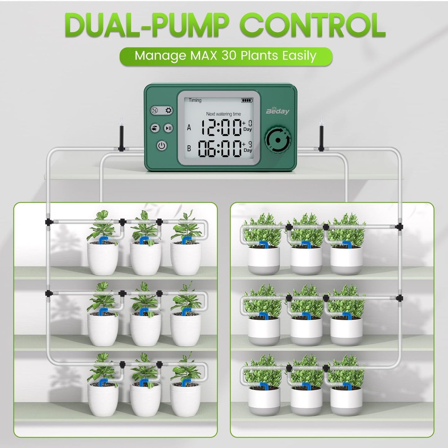 Solar Powered Dual Pump Drip Irrigation Kit for Outdoor Indoor Plants, 2-Zone Smart Self-Watering System with USB Charging, Automatic Plant Waterer for Garden Patio Balcony Vacation