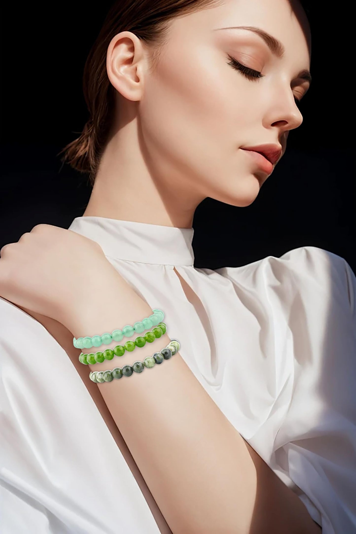 NCB 3-Piece 8mm Natural Crystal Gemstone Stretch Bracelets – ﻿Green Jade, Green Aventurine, Taiwan Jade Handmade Reiki Energy Healing Jewelry for Meditation,Yoga, Unisex
