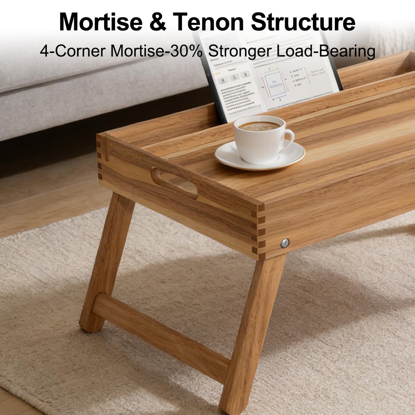 22"x14" Acacia Wood Folding Bed Tray Table, Extra Large Breakfast in Bed Tray with Raised 7.9" Leg Space, Foldable Legs, Tablet & Phone Slots, Cable Grooves, Food Tray for Bed